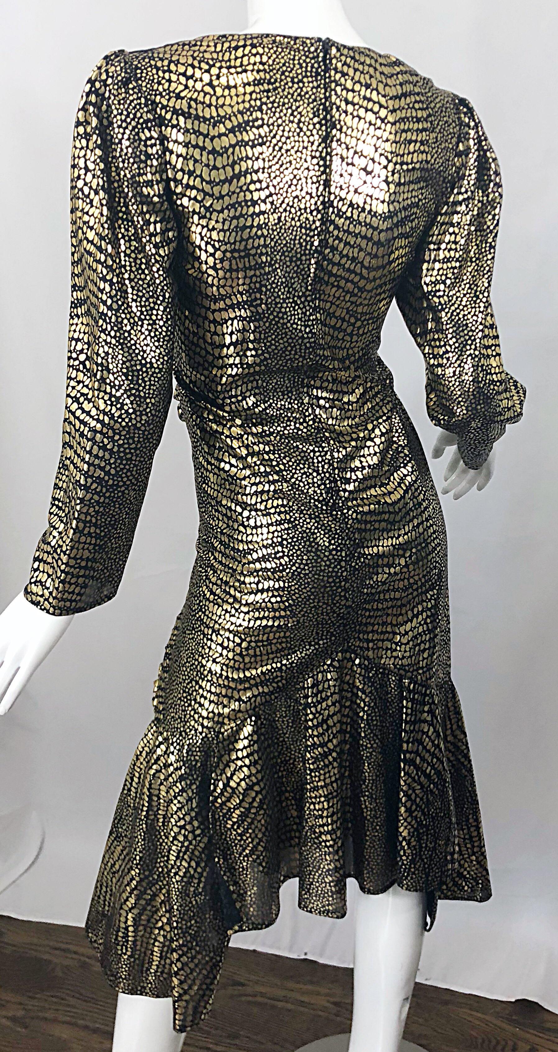 Fabulous 1980s Gold + Black Avant Garde Velvet Lame Long Sleeve 80s Dress 3