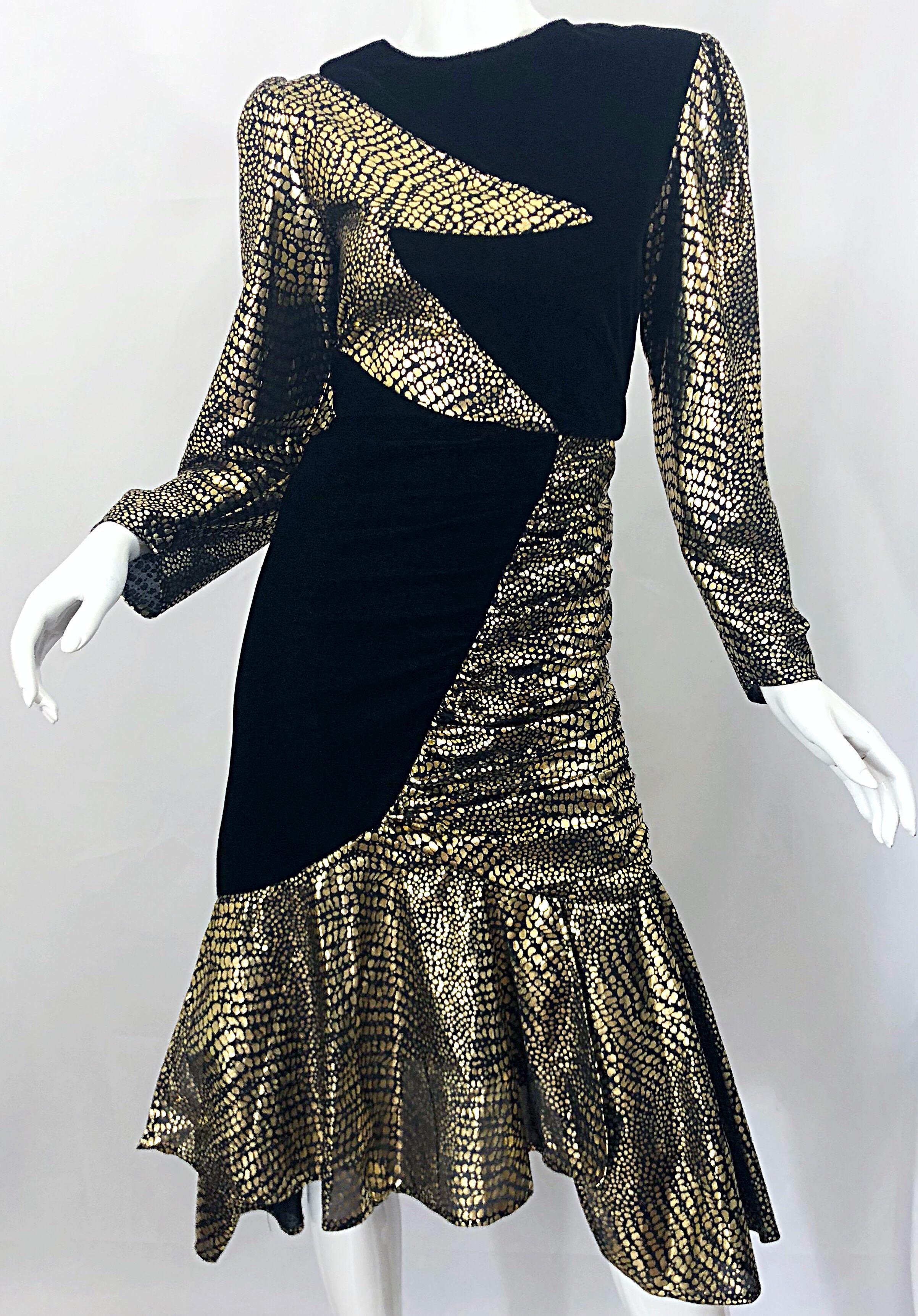 Fabulous 1980s Gold + Black Avant Garde Velvet Lame Long Sleeve 80s Dress 4