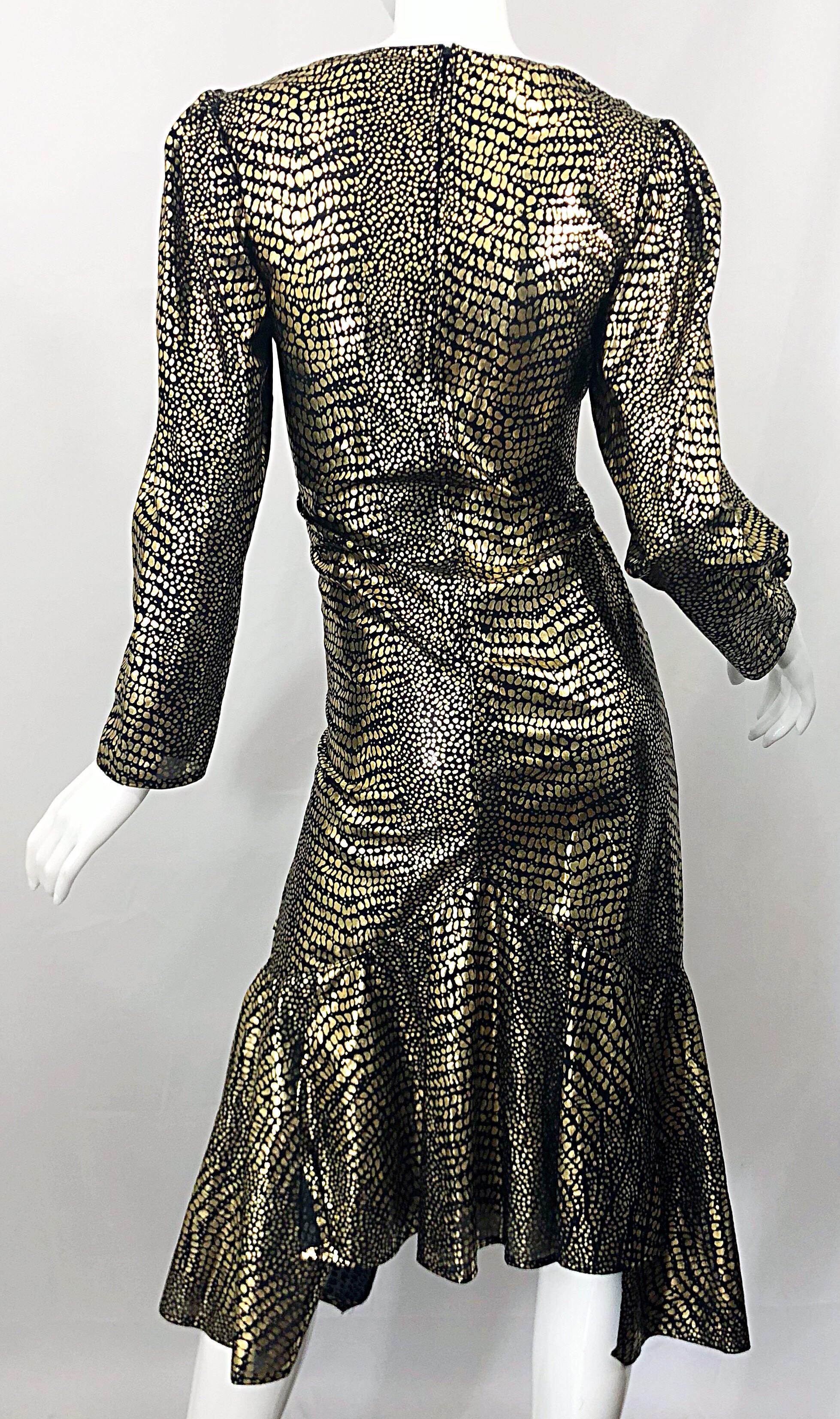Fabulous 1980s Gold + Black Avant Garde Velvet Lame Long Sleeve 80s Dress 5