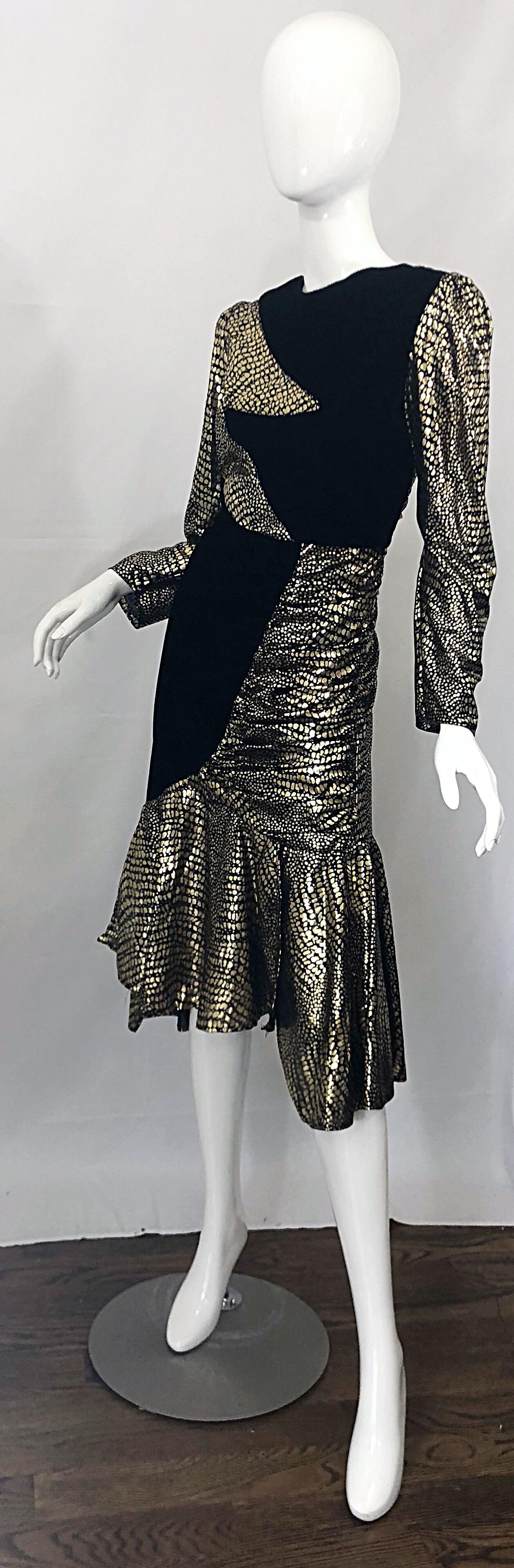 Fabulous 1980s Gold + Black Avant Garde Velvet Lame Long Sleeve 80s Dress 6