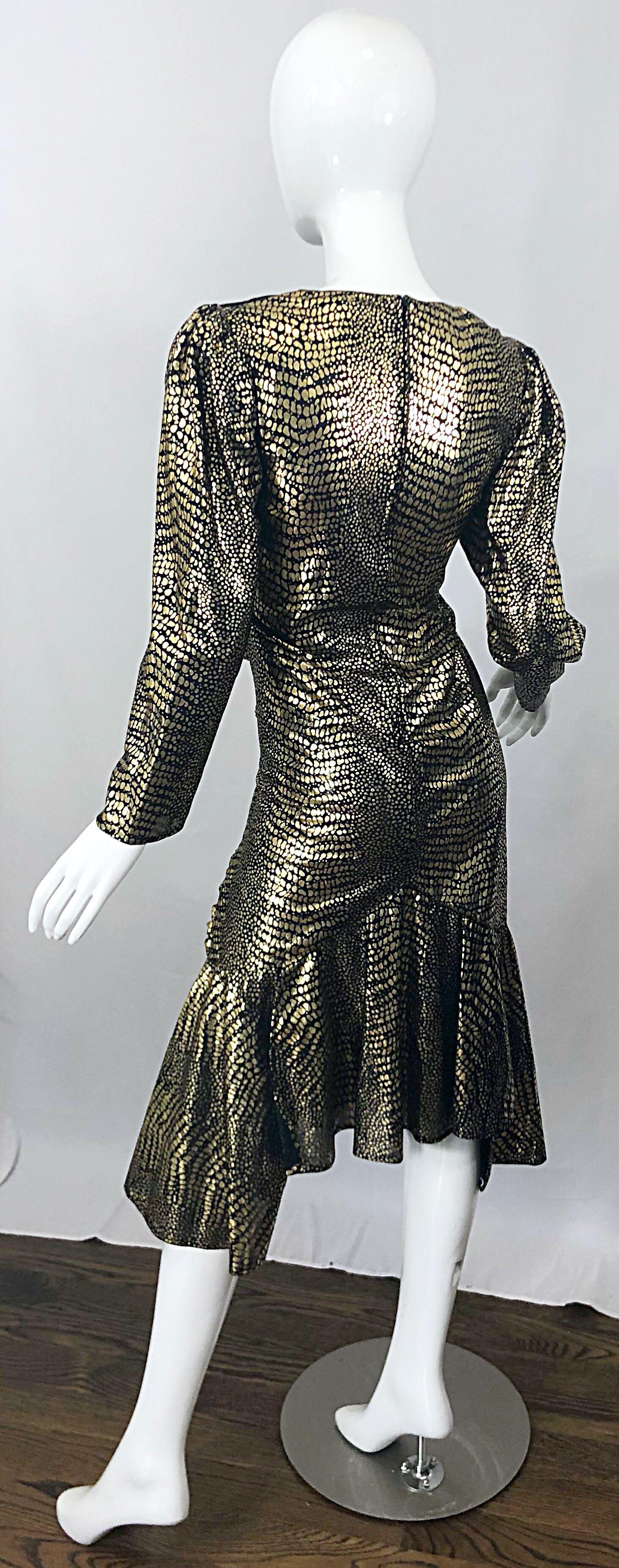 Fabulous 1980s Gold + Black Avant Garde Velvet Lame Long Sleeve 80s Dress 7