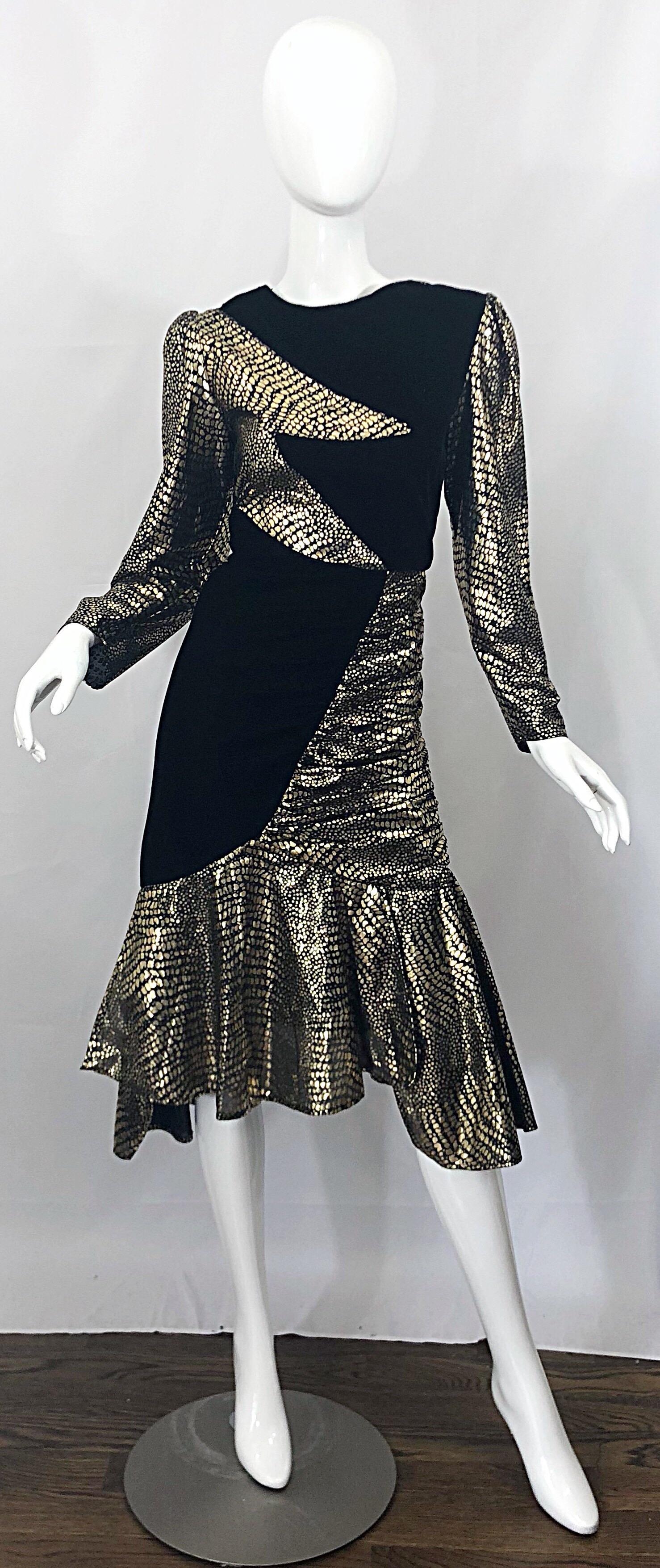 Fabulous 1980s Gold + Black Avant Garde Velvet Lame Long Sleeve 80s Dress 8