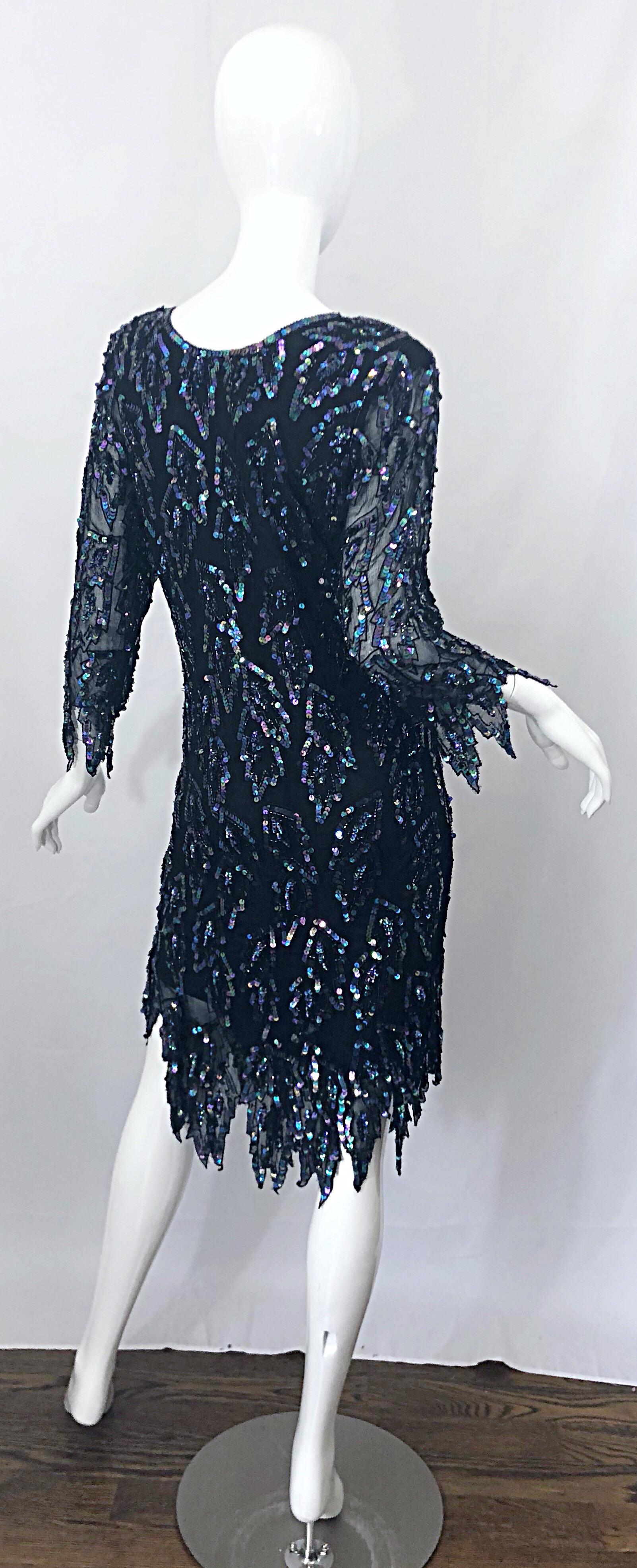 Women's 1990s Vintage Black Silk Chiffon Carwash Hem Flapper Iridescent Sequin 90s Dress