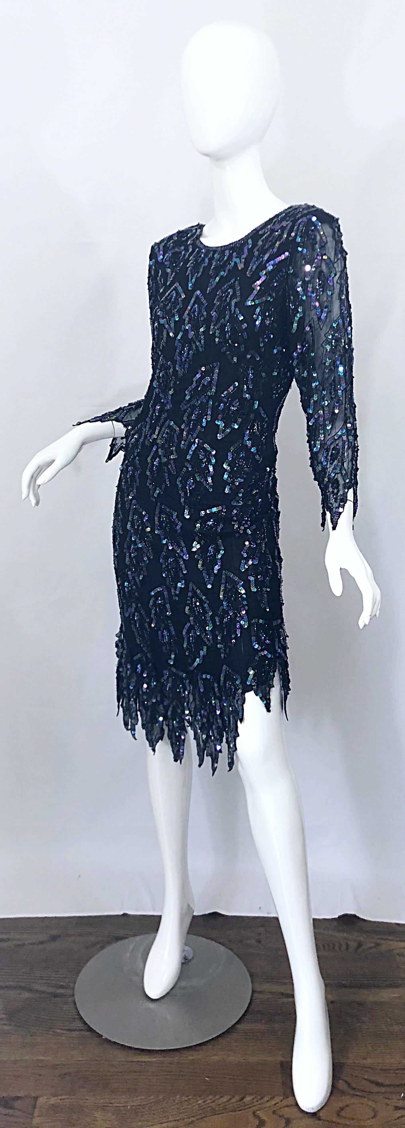 1990s Vintage Black Silk Chiffon Carwash Hem Flapper Iridescent Sequin 90s Dress 1