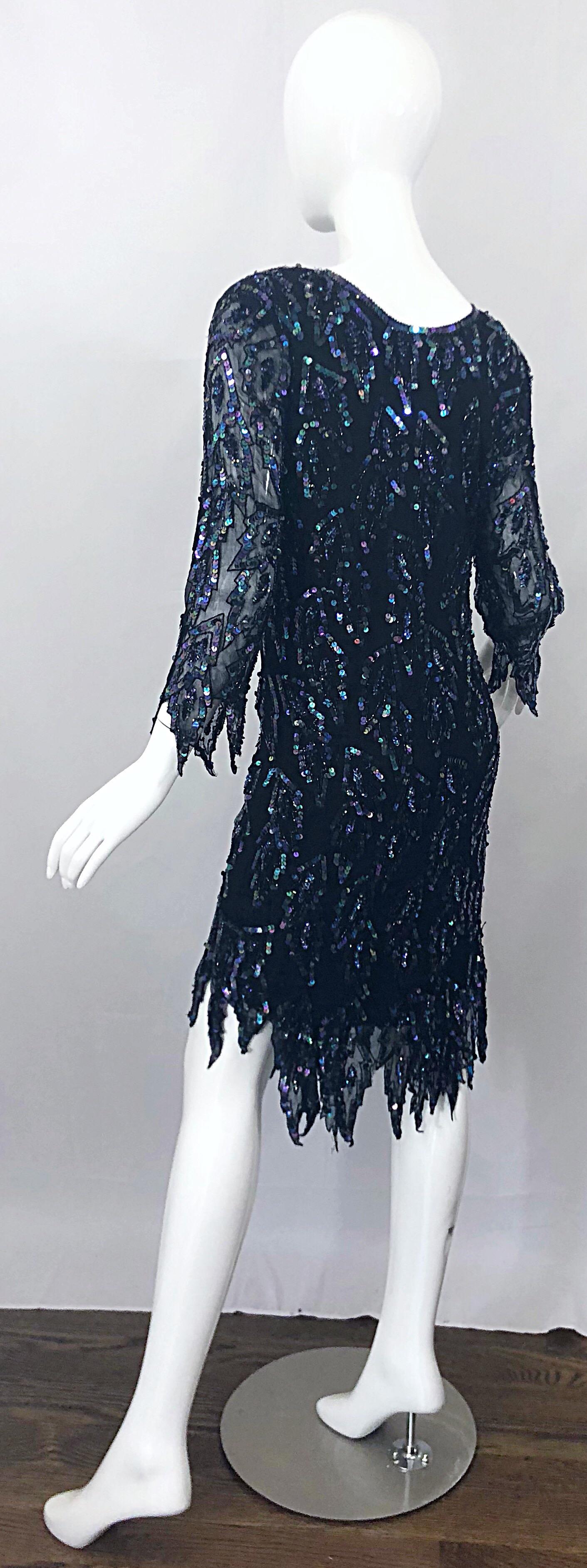 1990s Vintage Black Silk Chiffon Carwash Hem Flapper Iridescent Sequin 90s Dress 2