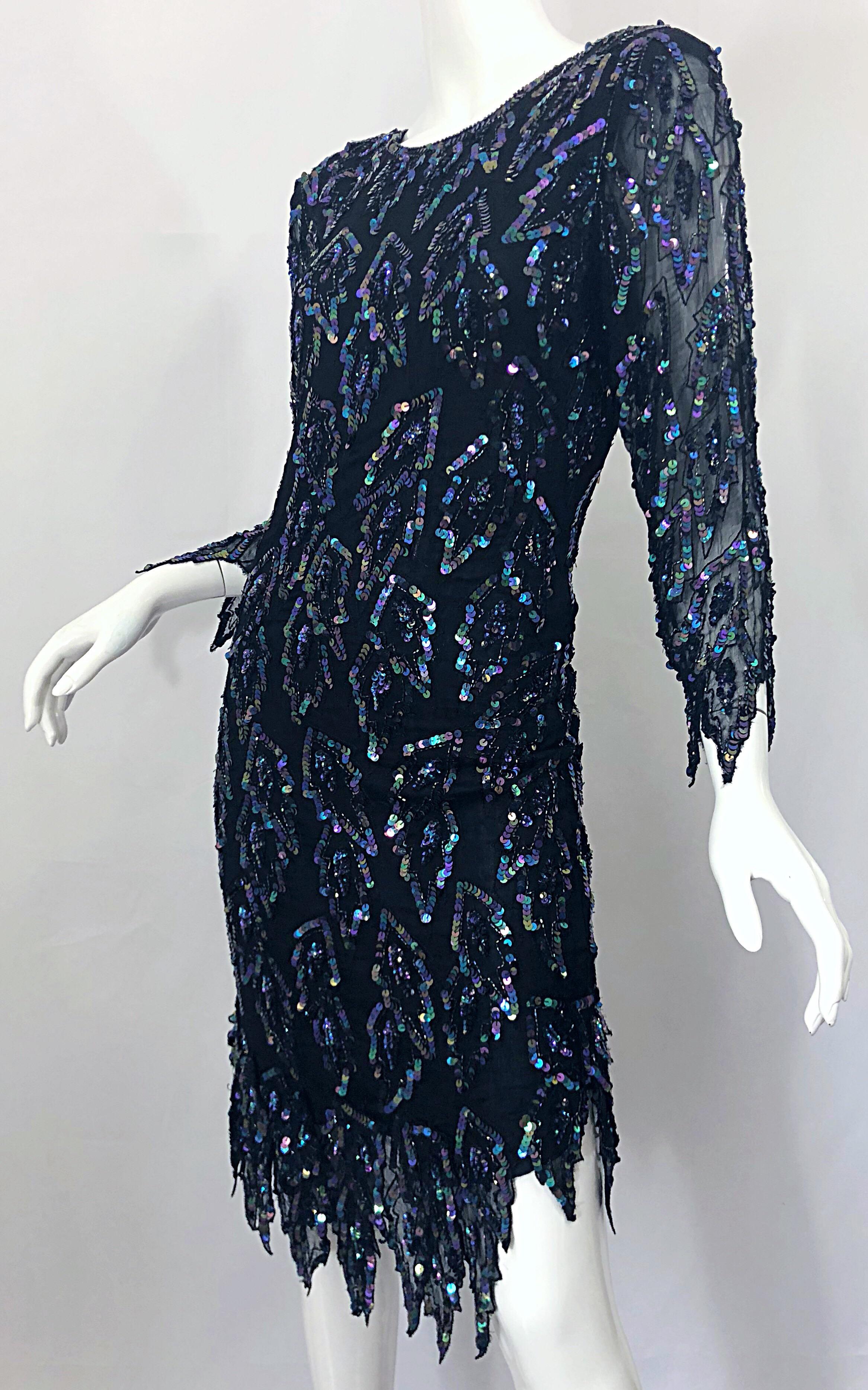 1990s Vintage Black Silk Chiffon Carwash Hem Flapper Iridescent Sequin 90s Dress 3