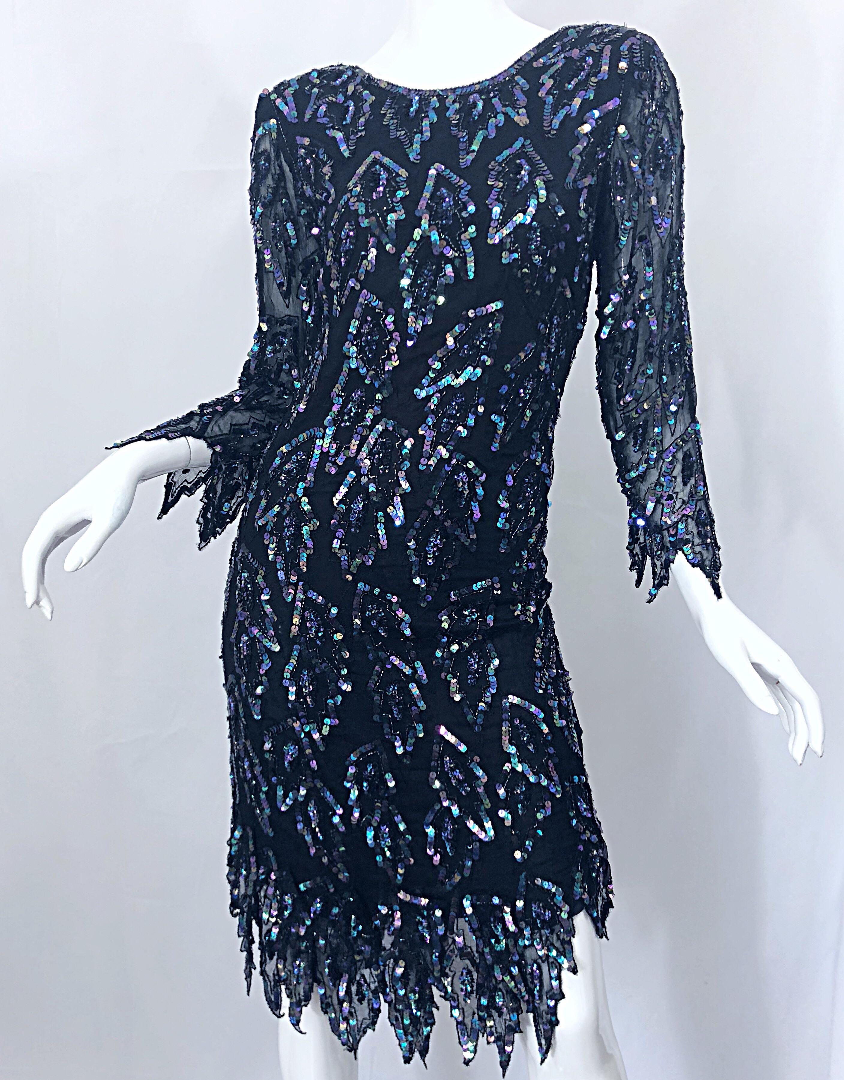 1990s Vintage Black Silk Chiffon Carwash Hem Flapper Iridescent Sequin 90s Dress 5