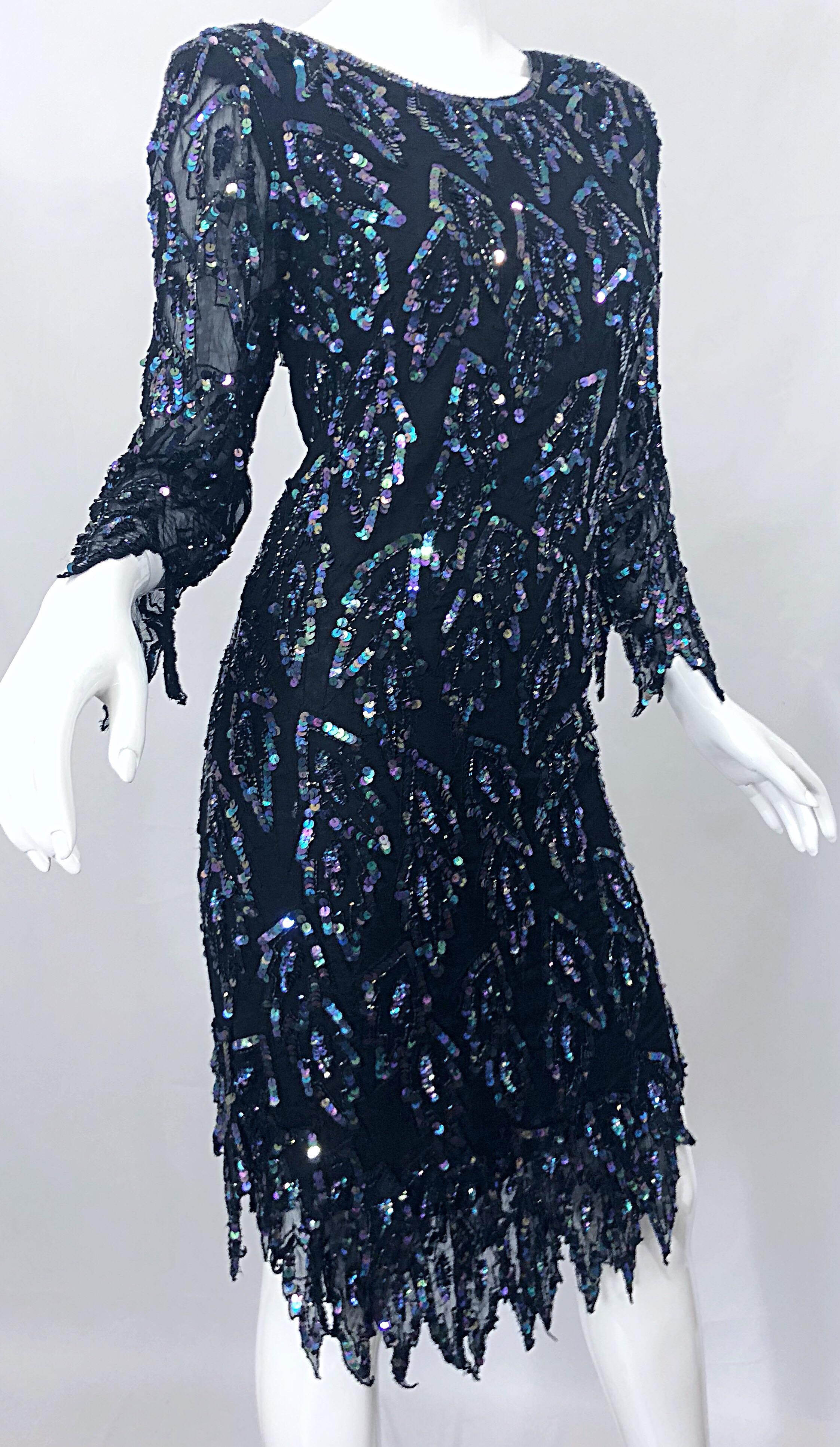 1990s Vintage Black Silk Chiffon Carwash Hem Flapper Iridescent Sequin 90s Dress 4