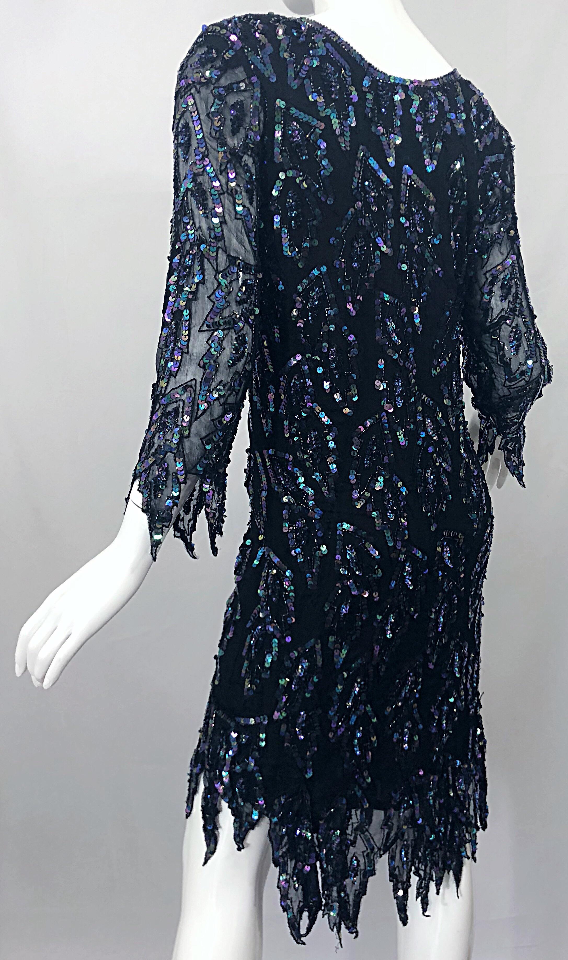 1990s Vintage Black Silk Chiffon Carwash Hem Flapper Iridescent Sequin 90s Dress 6