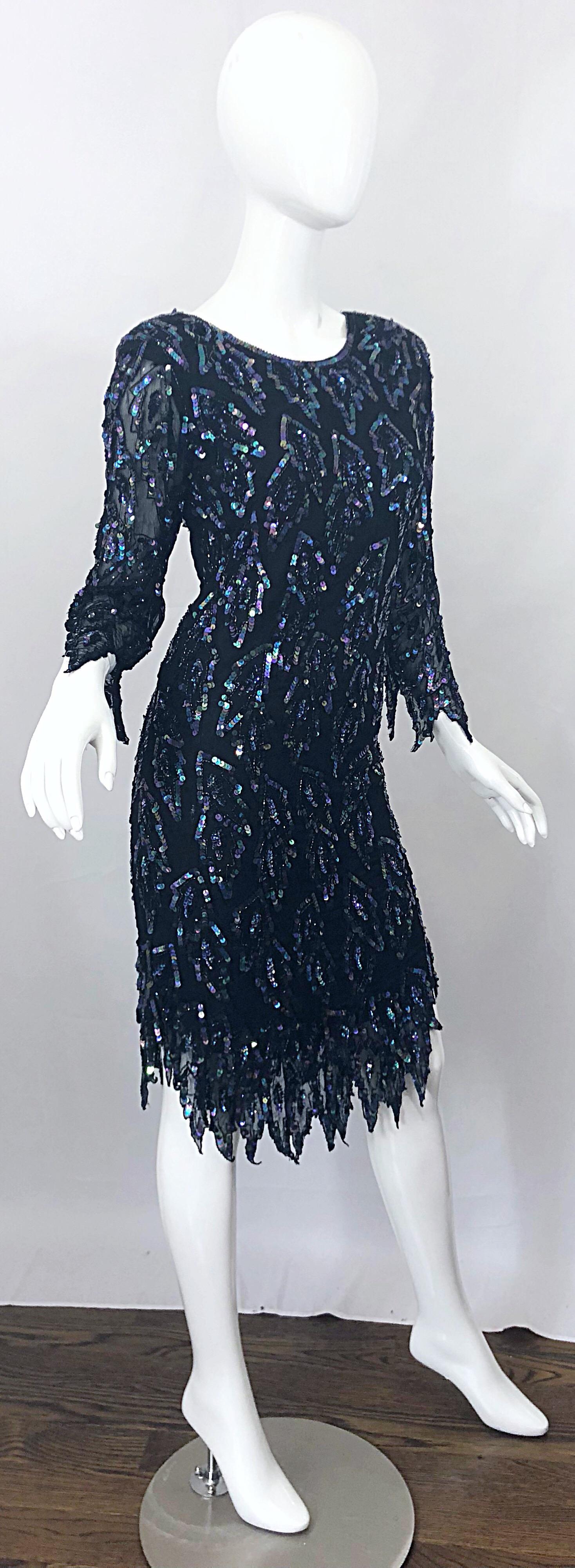1990s Vintage Black Silk Chiffon Carwash Hem Flapper Iridescent Sequin 90s Dress 7