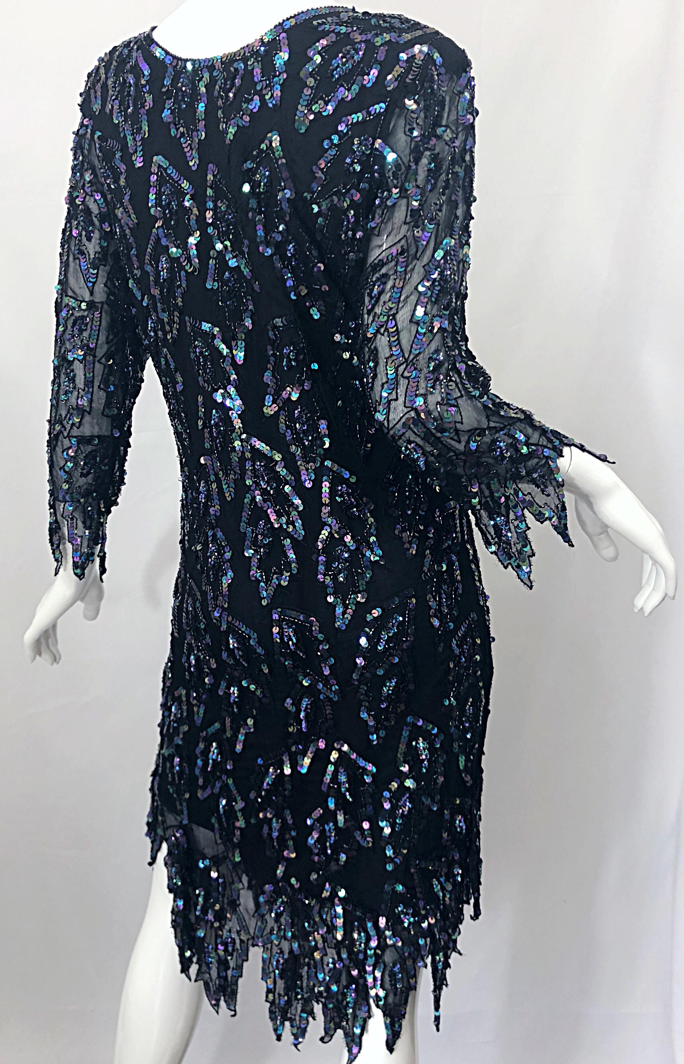 1990s Vintage Black Silk Chiffon Carwash Hem Flapper Iridescent Sequin 90s Dress 8