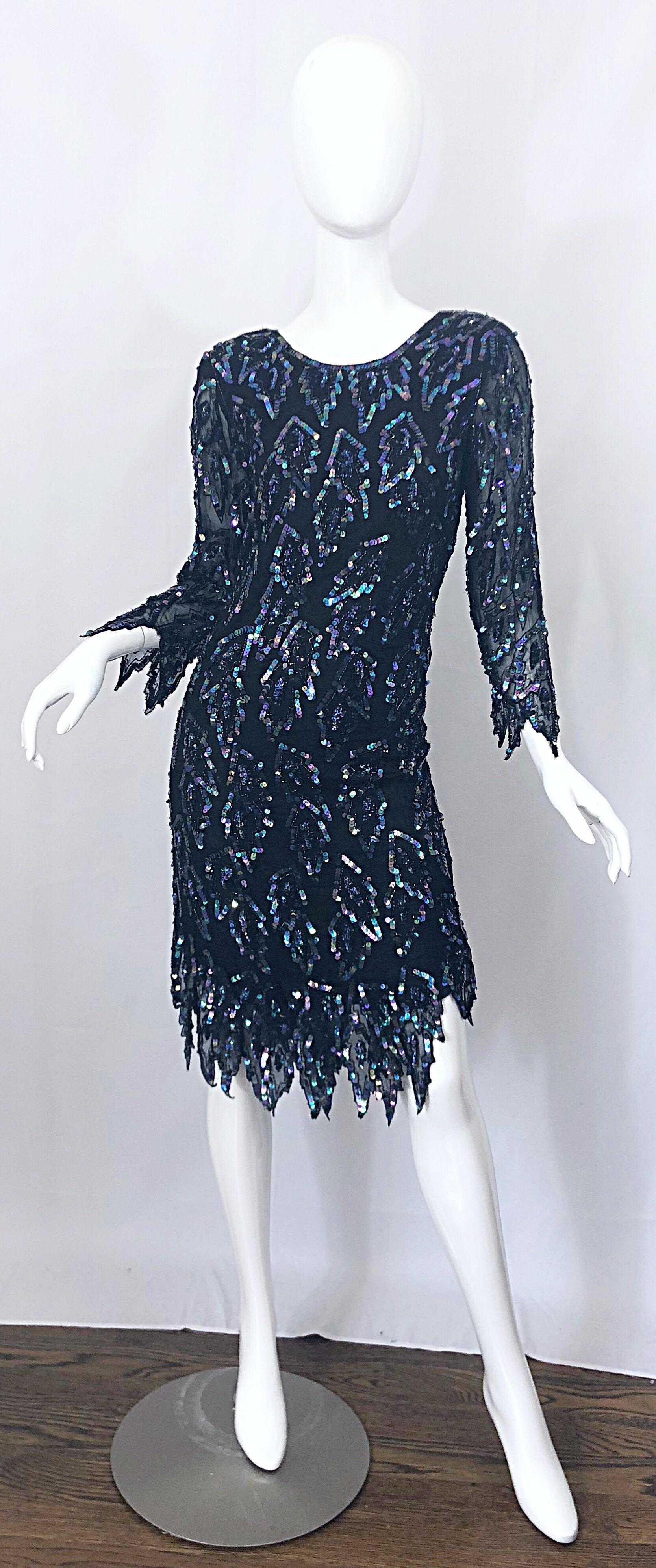 1990s Vintage Black Silk Chiffon Carwash Hem Flapper Iridescent Sequin 90s Dress 9