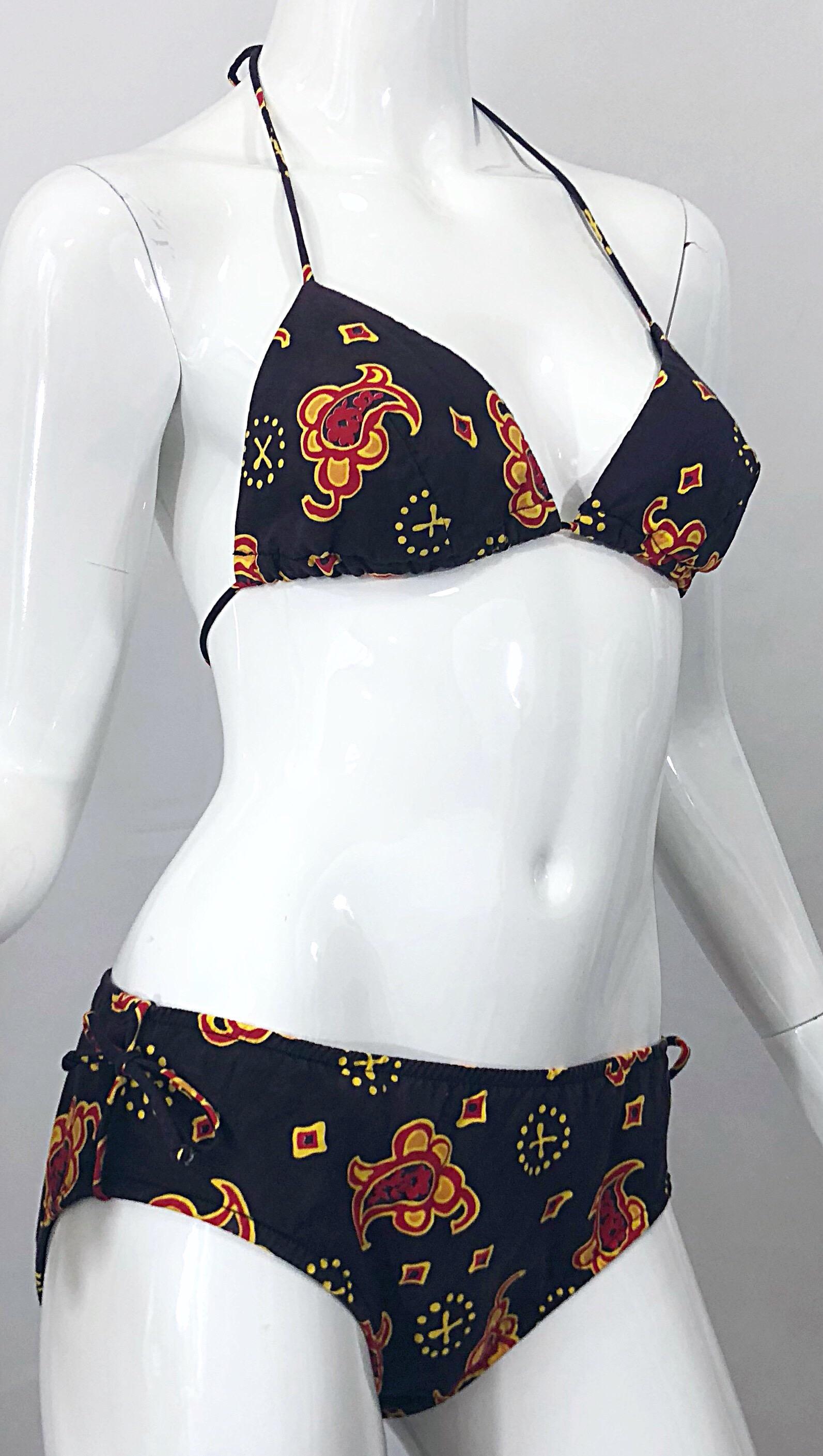 Women's 1970s Joseph Magnin Bandana Print Brown Vintage 70s Cotton Two Piece Bikini For Sale