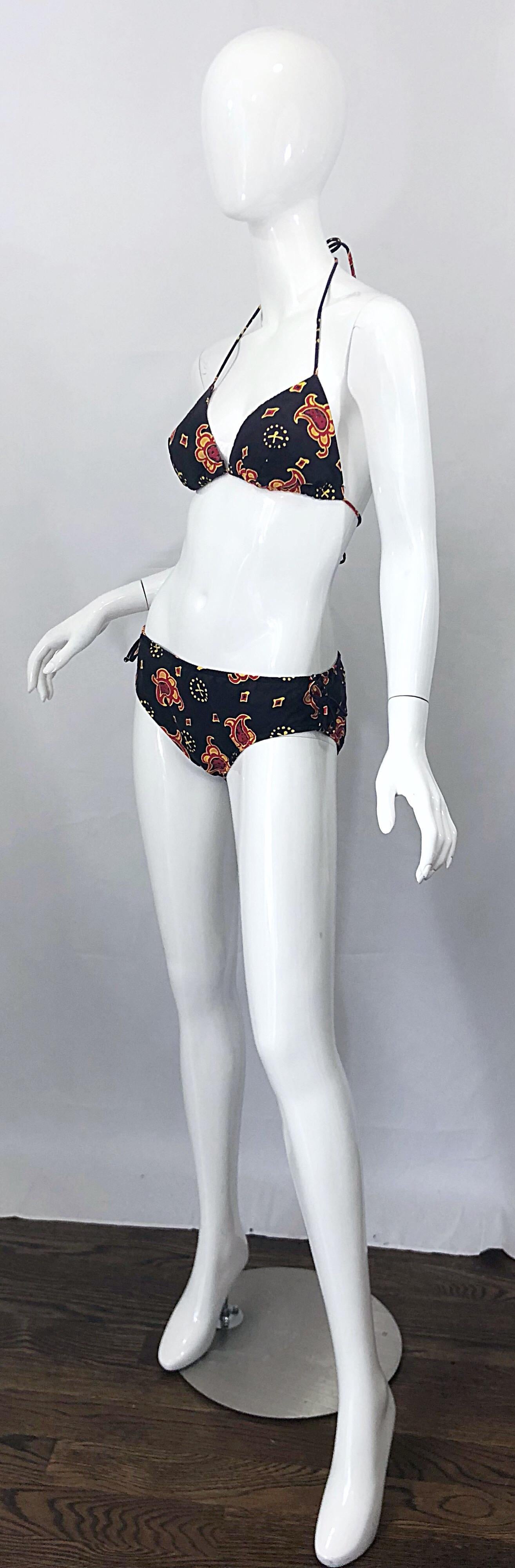 1970s Joseph Magnin Bandana Print Brown Vintage 70s Cotton Two Piece Bikini For Sale 1