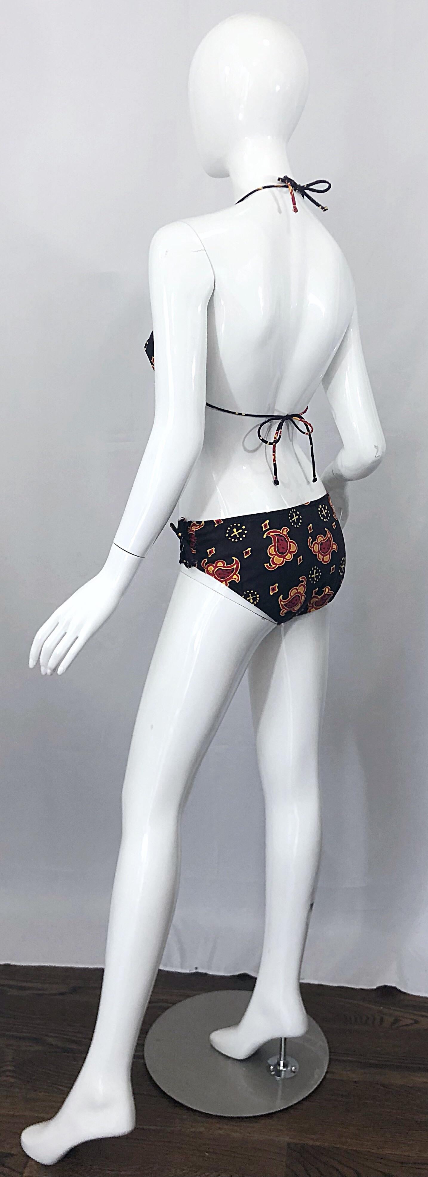 1970 Joseph Magnin Bandana Print Marrone Vintage 70s Cotton Two Piece Bikini in vendita 7