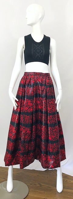 Rare Vintage Tarquin Ebker Couture Red + Black Metallic Threaded Silk Midi Skirt