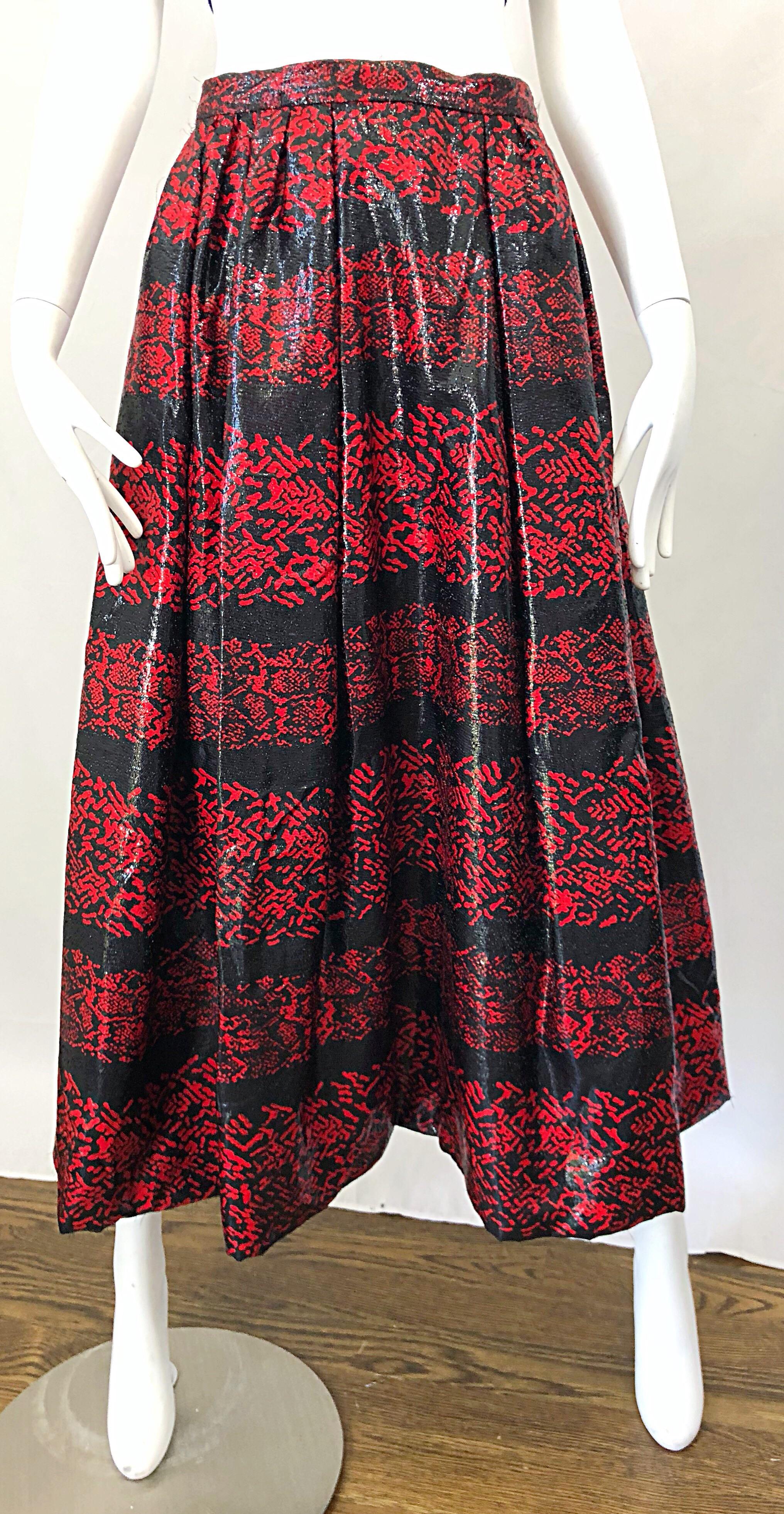 Rare Vintage Tarquin Ebker Couture Red + Black Metallic Threaded Silk Midi Skirt For Sale 2