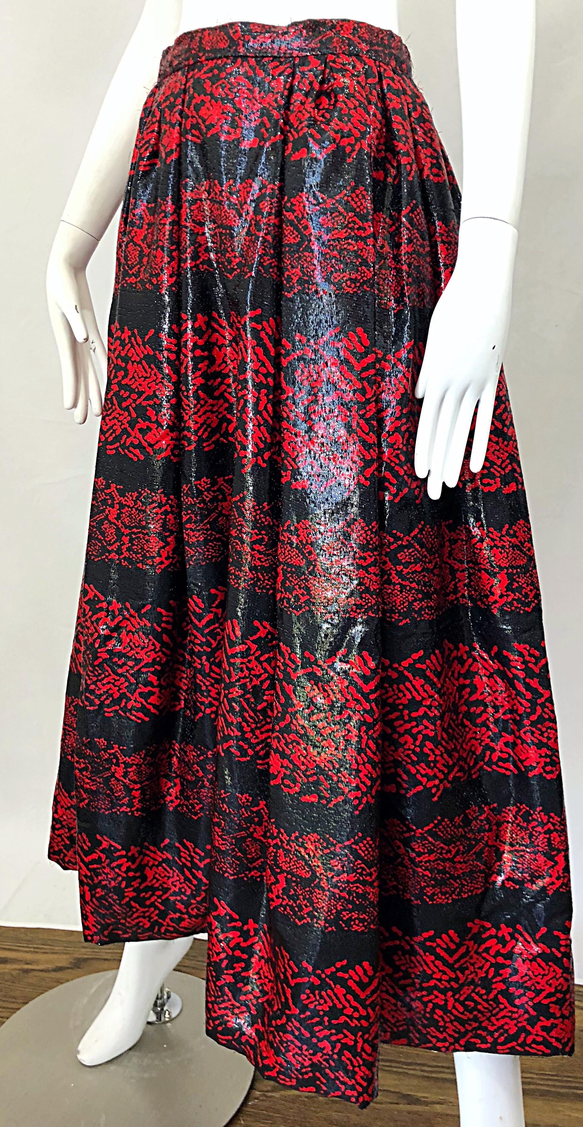 Rare Vintage Tarquin Ebker Couture Red + Black Metallic Threaded Silk Midi Skirt For Sale 4