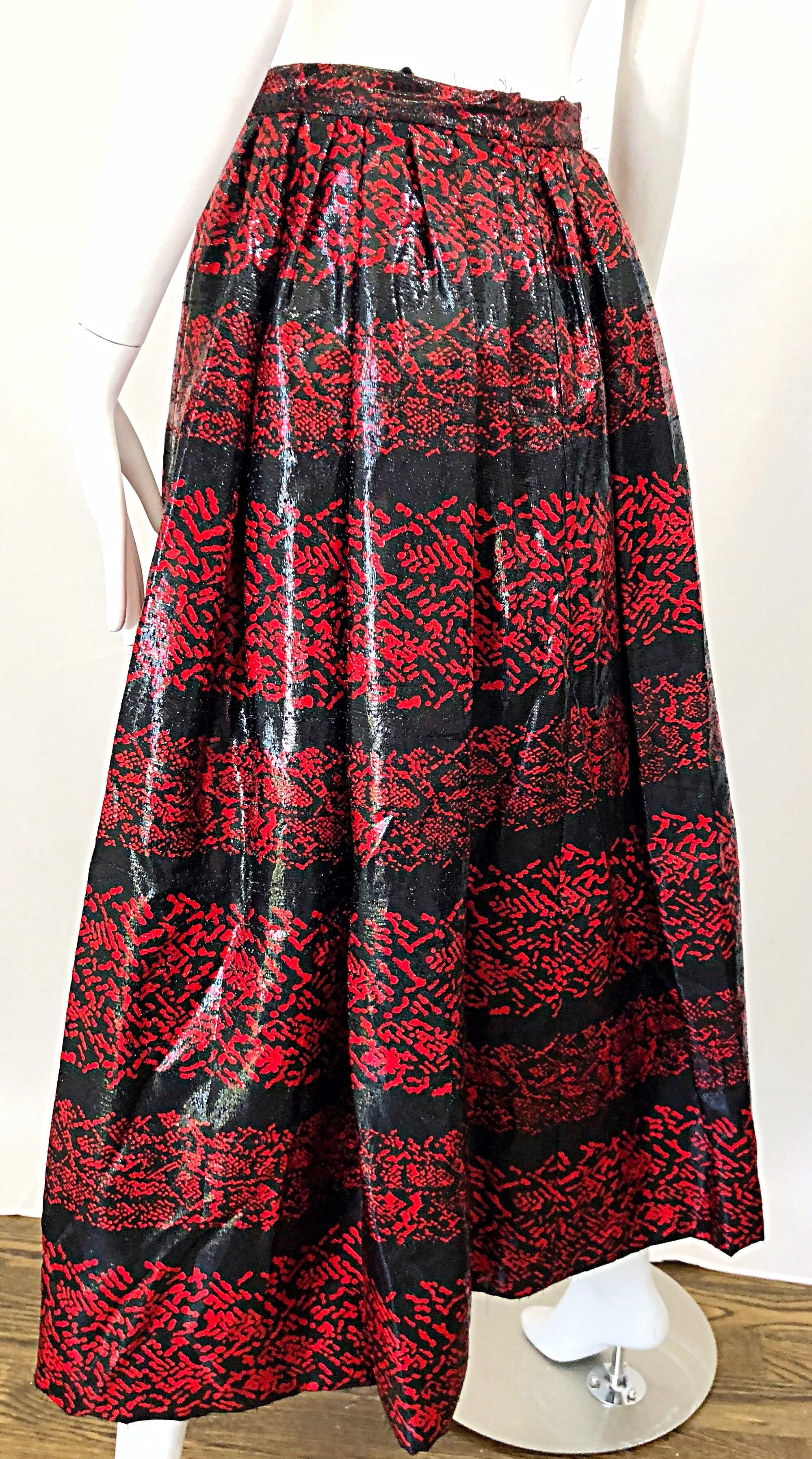 Rare Vintage Tarquin Ebker Couture Red + Black Metallic Threaded Silk Midi Skirt For Sale 5