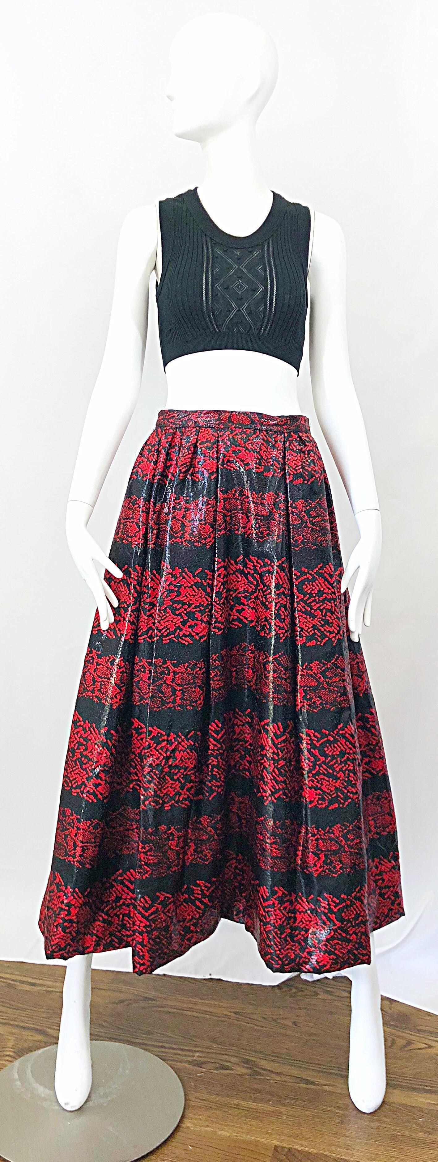 Rare Vintage Tarquin Ebker Couture Red + Black Metallic Threaded Silk Midi Skirt For Sale 6