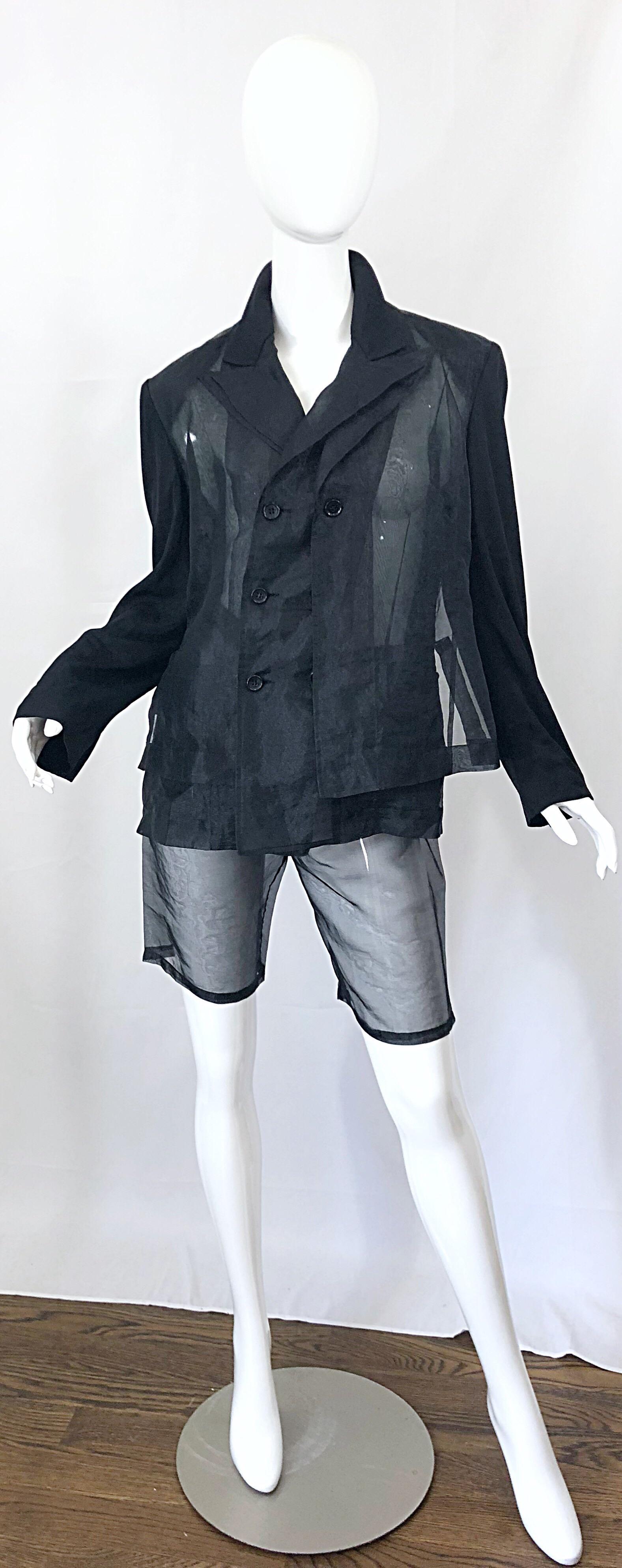 Amazing musuem quality 1990s COMME DES GARCONS black sheer slouchy double breasted blazer jacket and shorts suit! So much detail to this rare ensemble. Double layered black sheer organza panels on the jacket with a solid back. POCKETS at each side