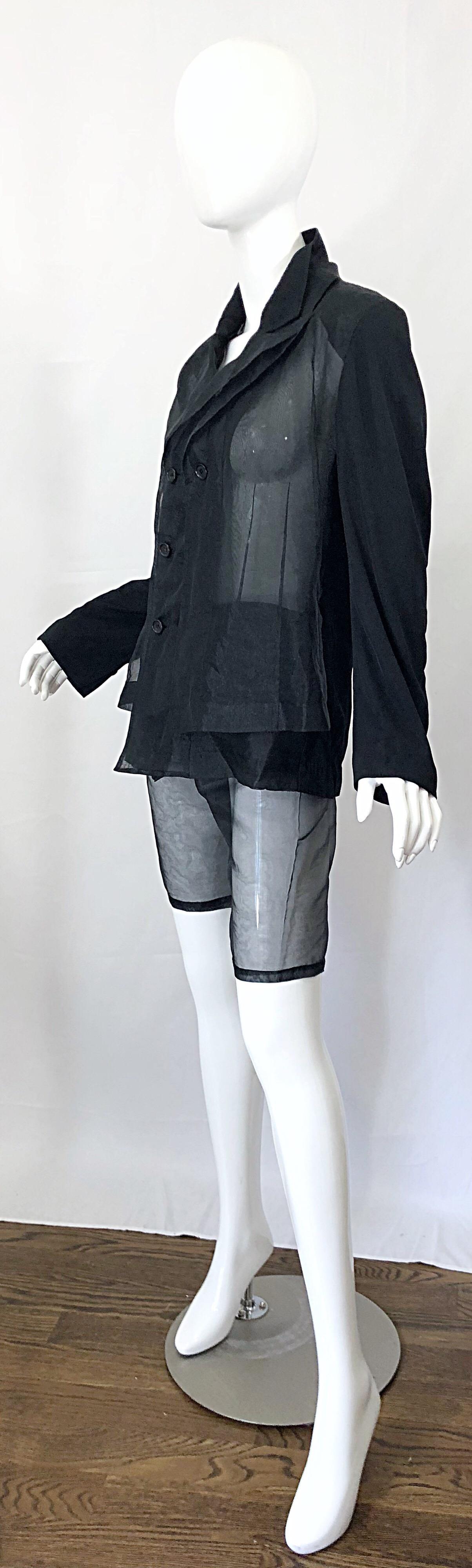Black Comme Des Garcons 1990s Rare Sheer Vintage 90s Double Breasted Blazer and Shorts