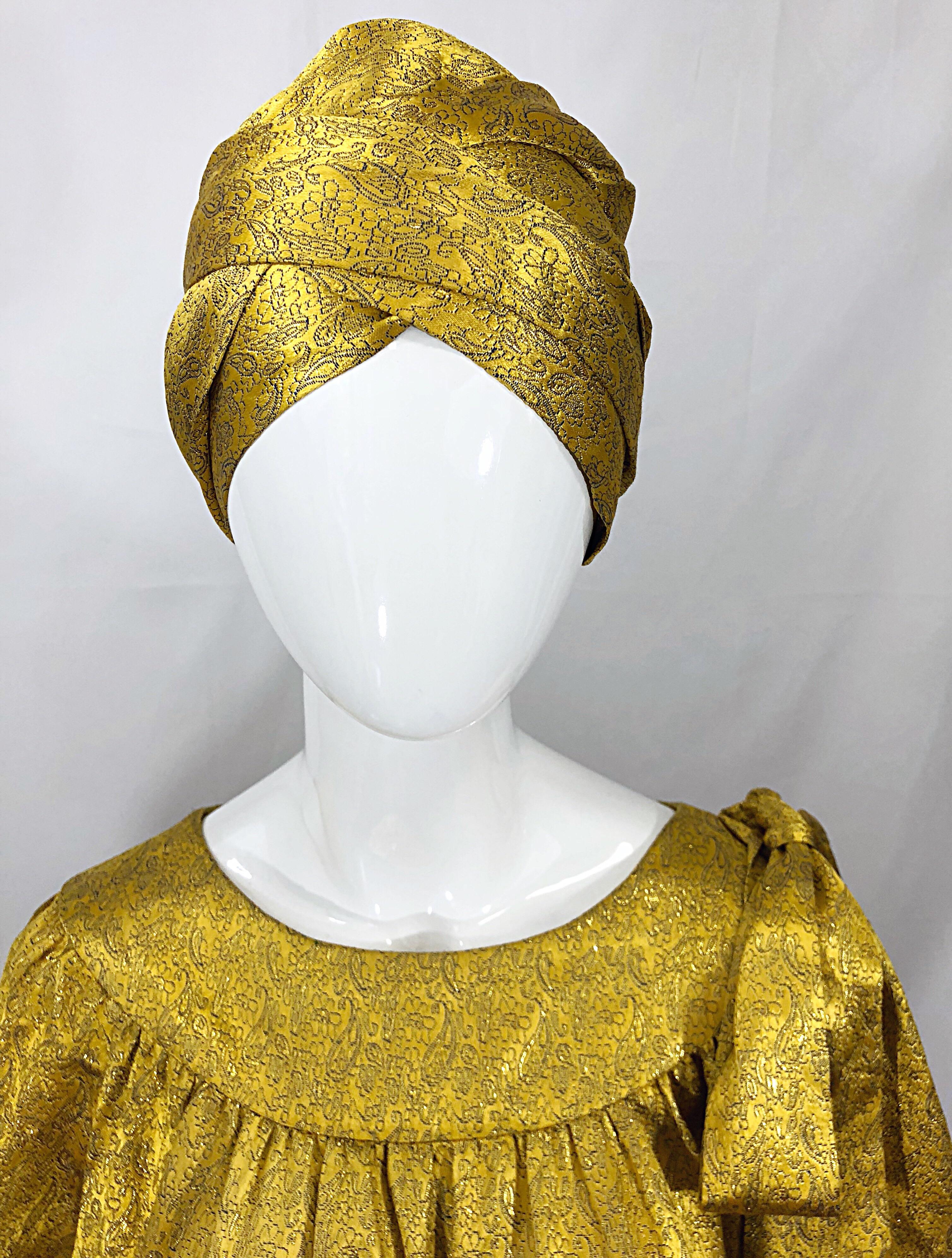 Incredible vintage BRIONI Couture 20s flapper style yellow and gold silk drop waist dress and turban caftan sash! Luxurious Italian silk fabric drapes the body beautifully. Loose fitting bodice with an elastic waistband that can be worn up on the