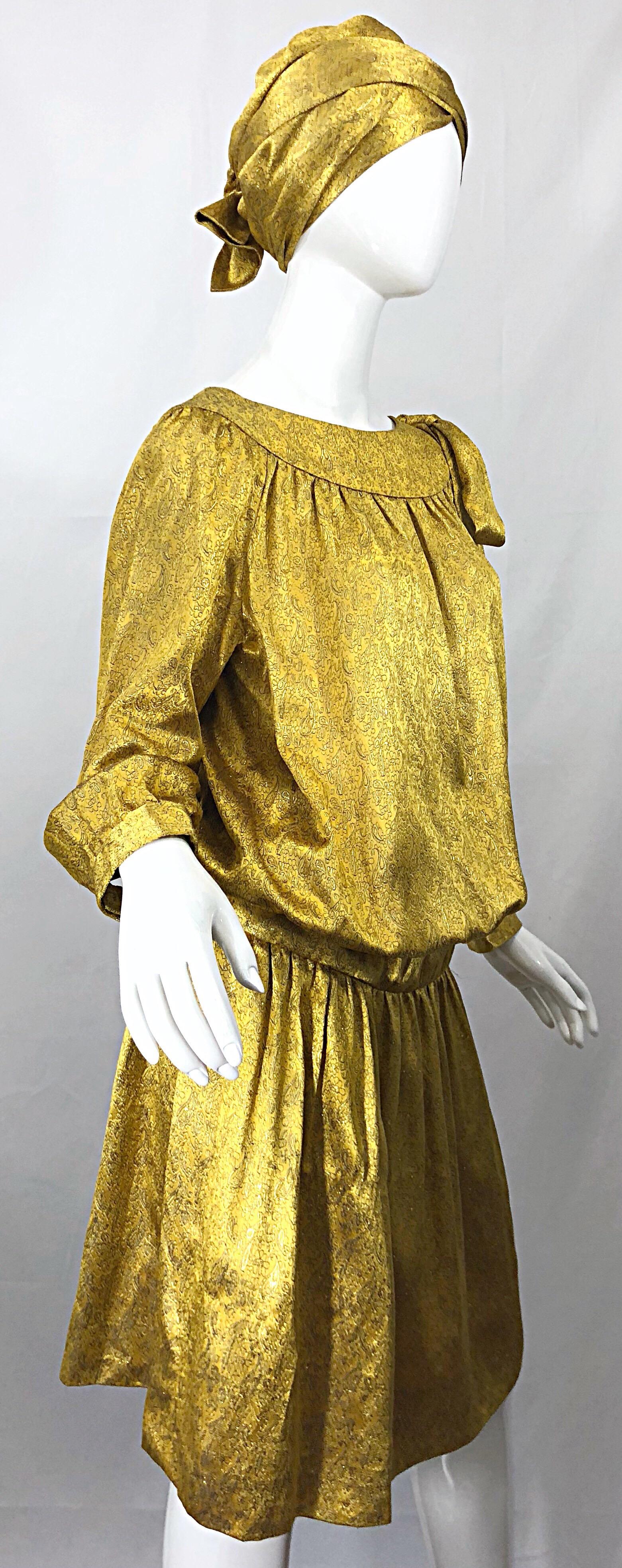 Beige Vintage Brioni Yellow Gold Large Silk 1920s Style Drop Waist Dress Turban Sash