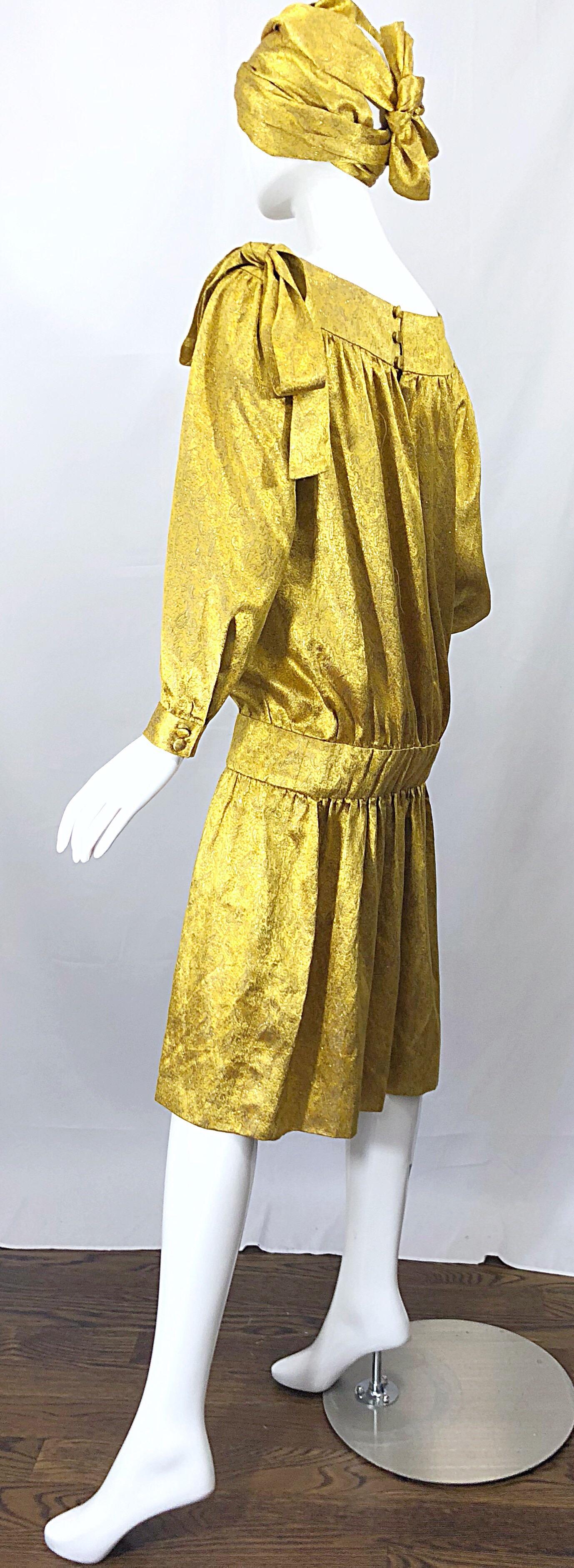 Women's Vintage Brioni Yellow Gold Large Silk 1920s Style Drop Waist Dress Turban Sash