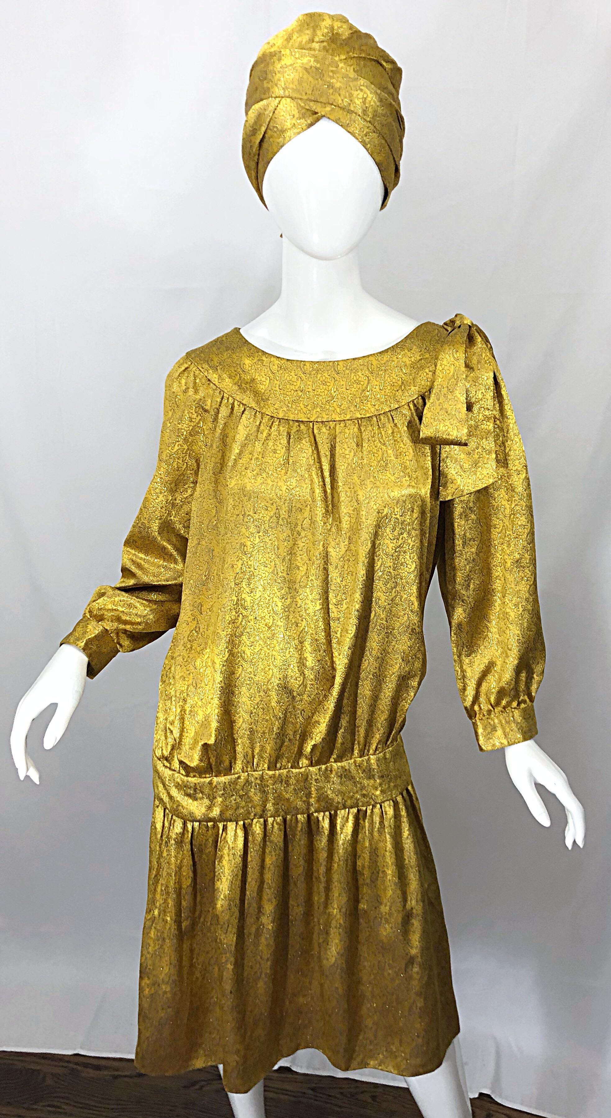 Vintage Brioni Yellow Gold Large Silk 1920s Style Drop Waist Dress Turban Sash 1