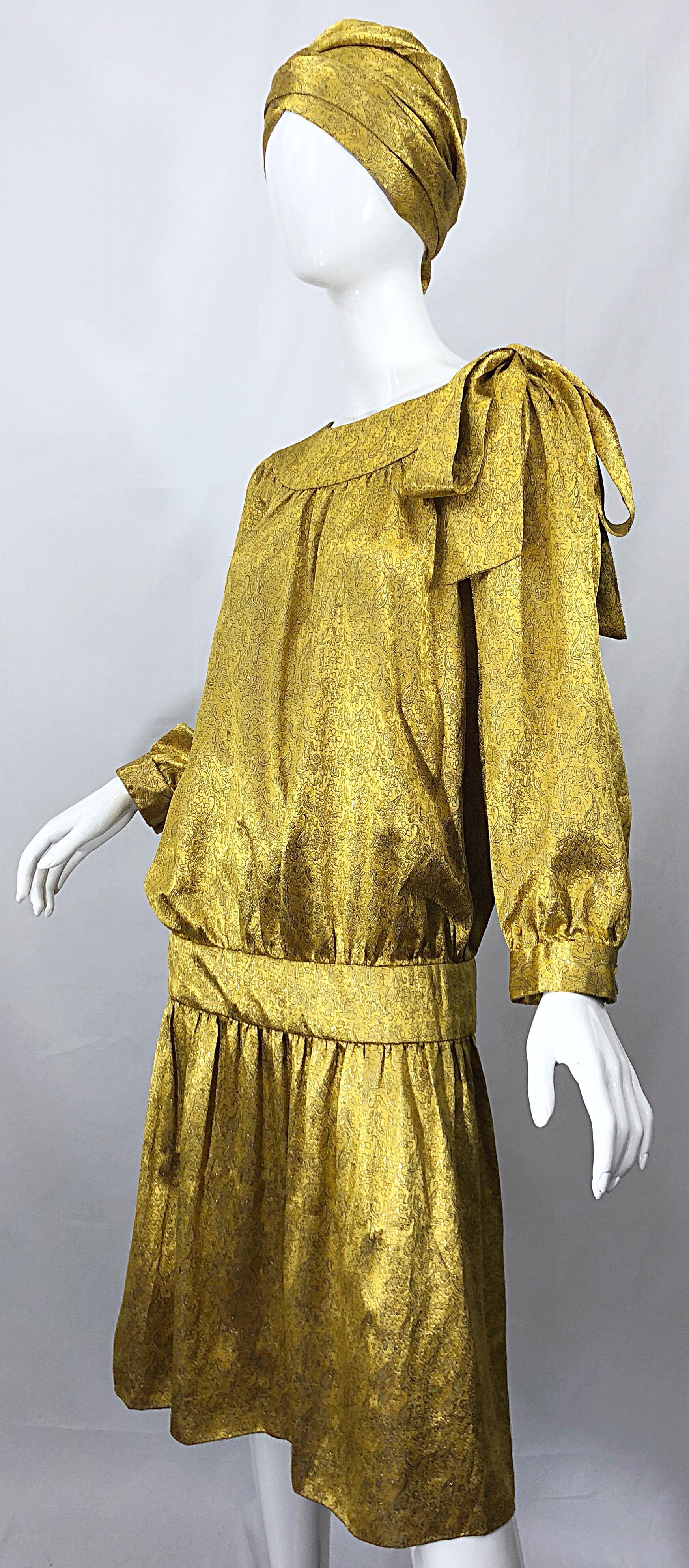 Vintage Brioni Yellow Gold Large Silk 1920s Style Drop Waist Dress Turban Sash 2