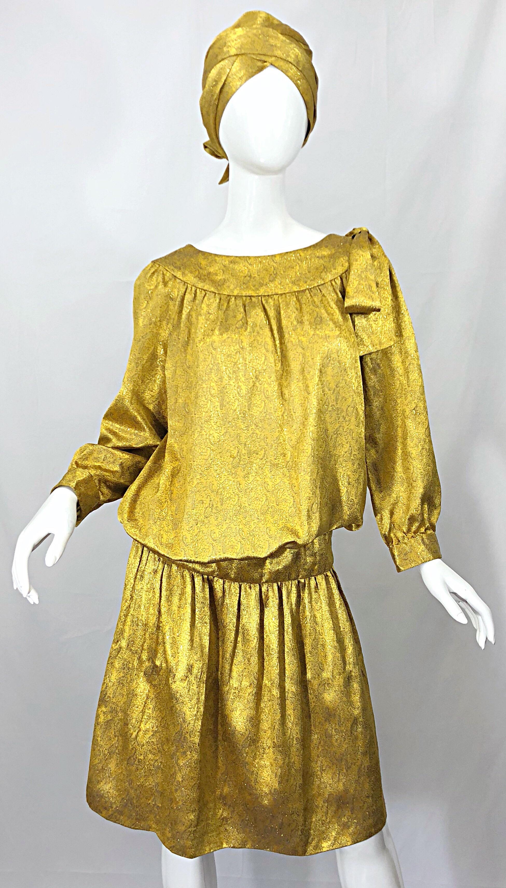 Vintage Brioni Yellow Gold Large Silk 1920s Style Drop Waist Dress Turban Sash 3