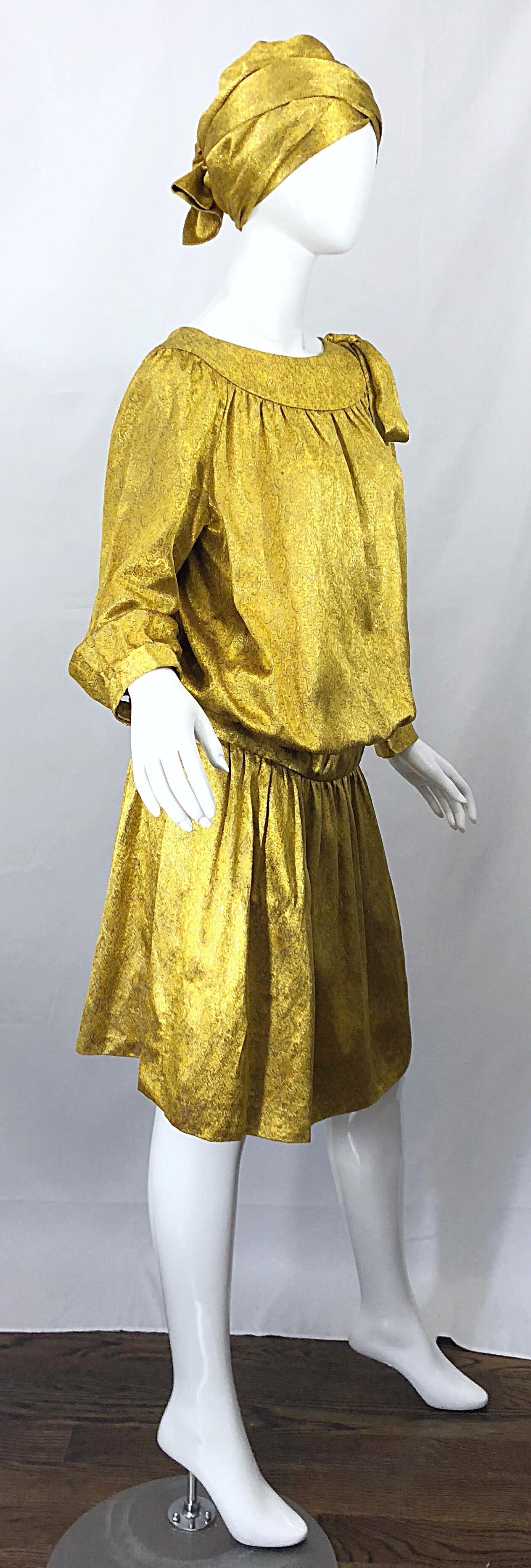 Vintage Brioni Yellow Gold Large Silk 1920s Style Drop Waist Dress Turban Sash 4