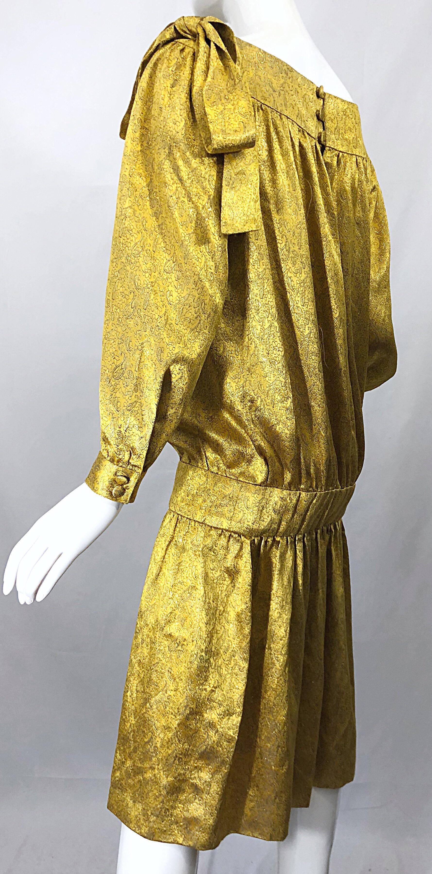 Vintage Brioni Yellow Gold Large Silk 1920s Style Drop Waist Dress Turban Sash 5