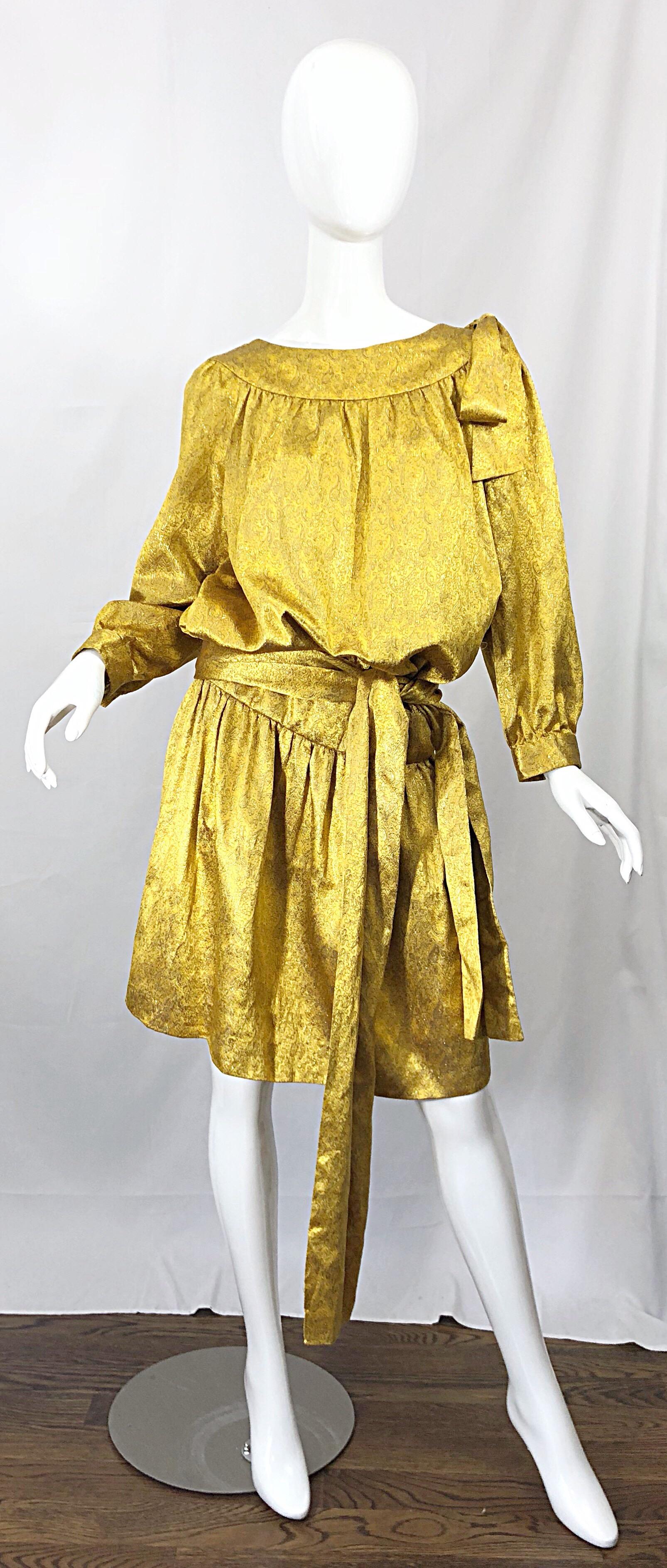 Vintage Brioni Yellow Gold Large Silk 1920s Style Drop Waist Dress Turban Sash 6