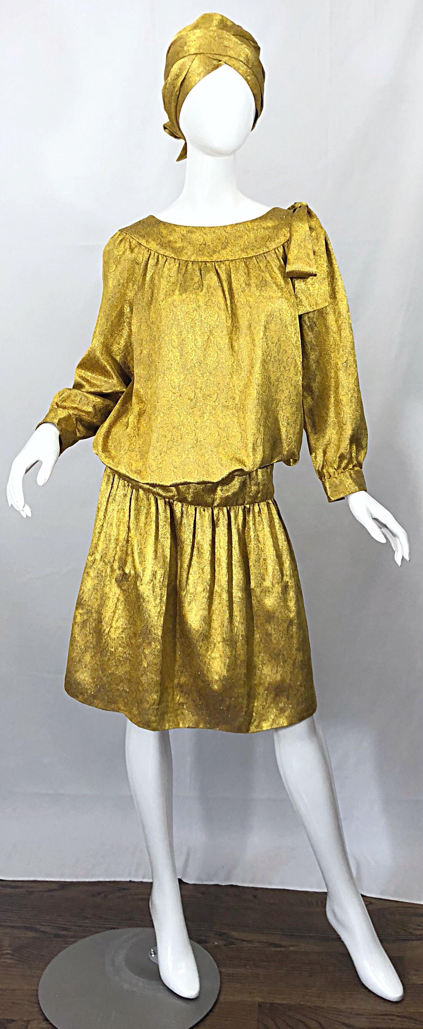 Vintage Brioni Yellow Gold Large Silk 1920s Style Drop Waist Dress Turban Sash 7