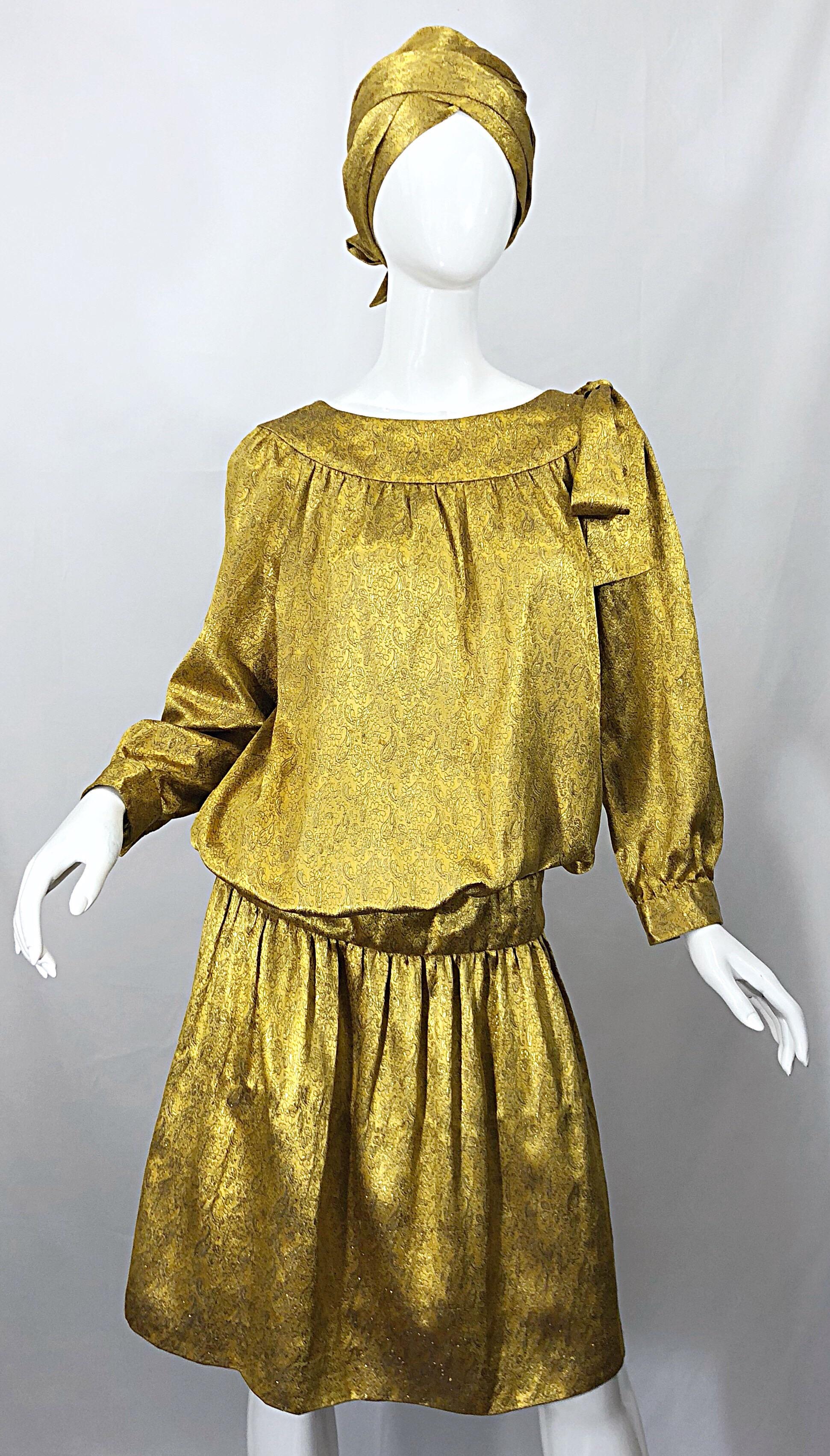 Vintage Brioni Yellow Gold Large Silk 1920s Style Drop Waist Dress Turban Sash 8