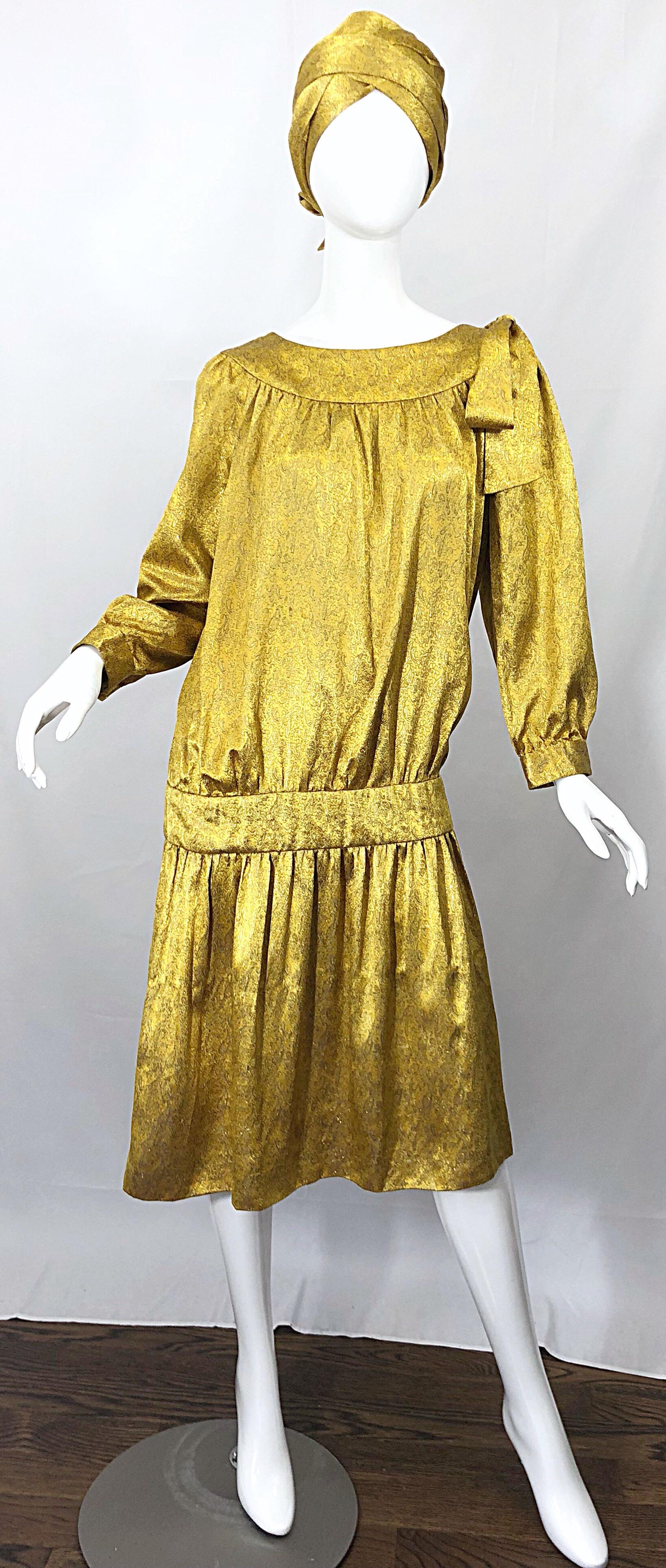 Vintage Brioni Yellow Gold Large Silk 1920s Style Drop Waist Dress Turban Sash 9