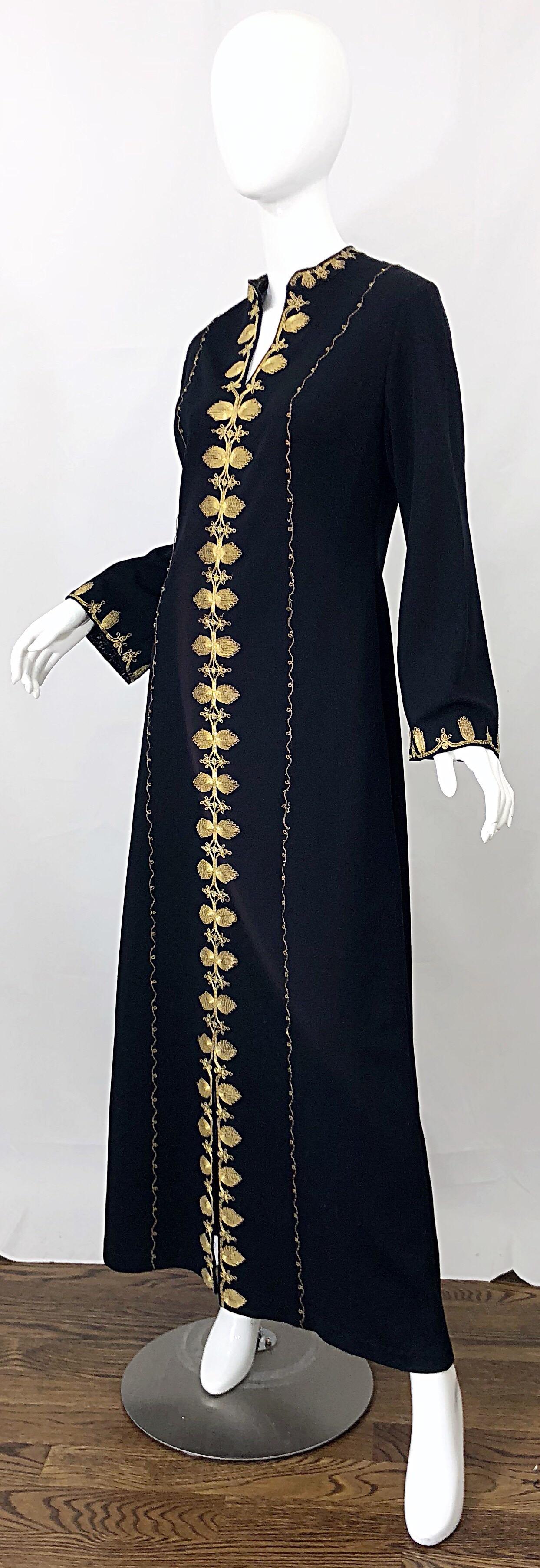 Women's 1970s Moroccan Black + Gold Metal Embroidered Vintage 70s Caftan Maxi Dress For Sale