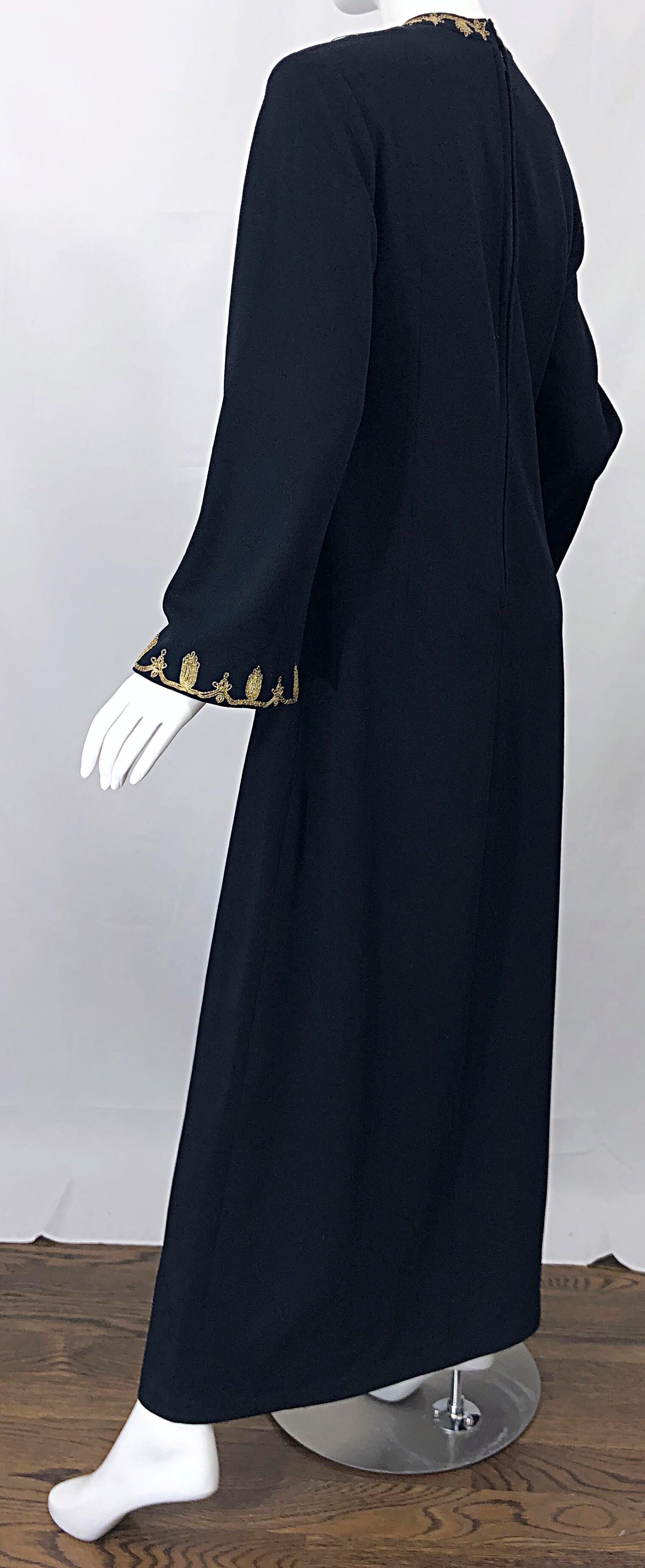 1970s Moroccan Black + Gold Metal Embroidered Vintage 70s Caftan Maxi Dress For Sale 1