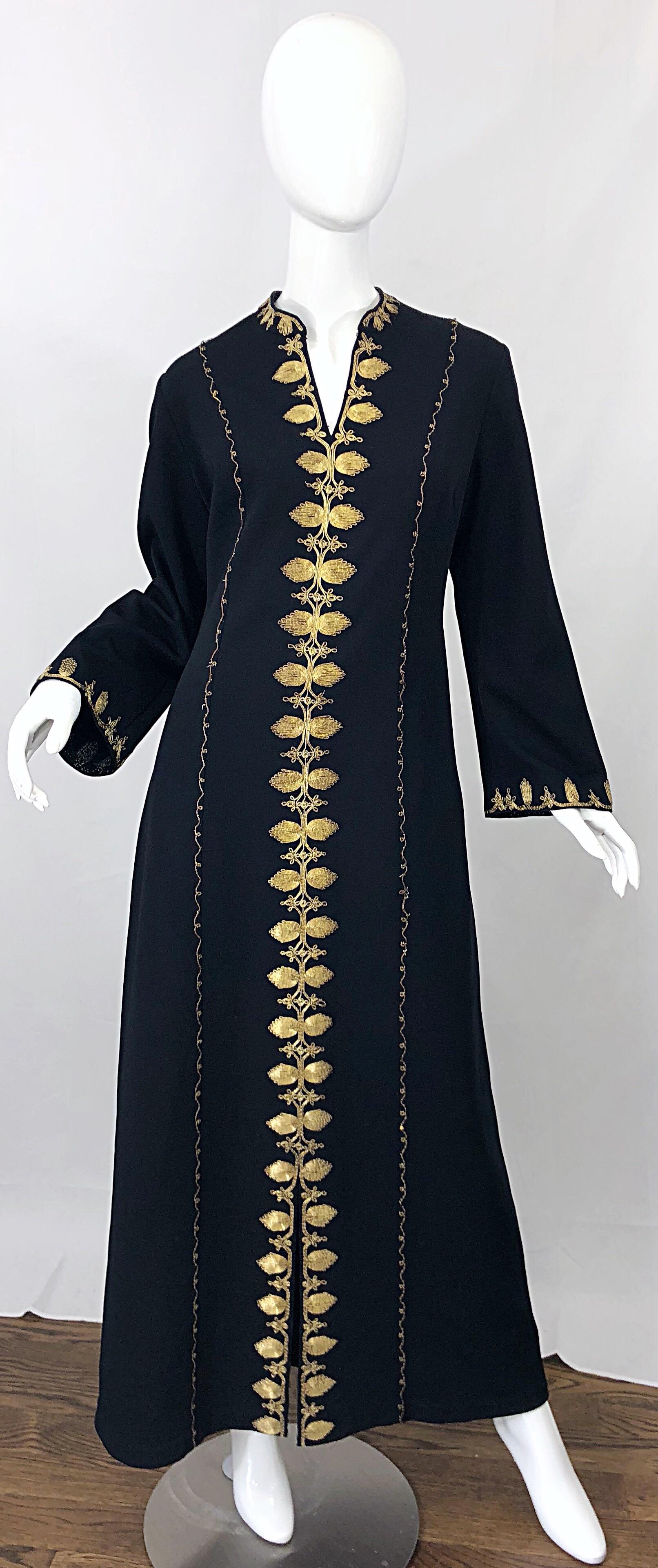 1970s Moroccan Black + Gold Metal Embroidered Vintage 70s Caftan Maxi Dress For Sale 2