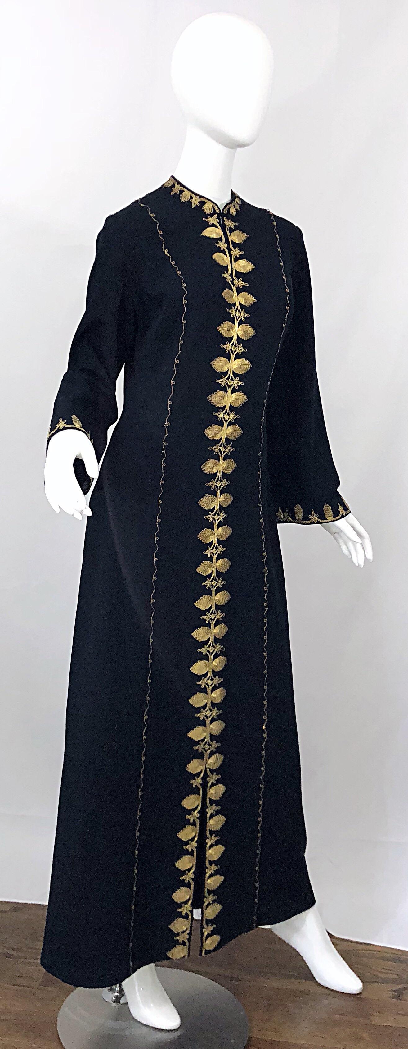 1970s Moroccan Black + Gold Metal Embroidered Vintage 70s Caftan Maxi Dress For Sale 4