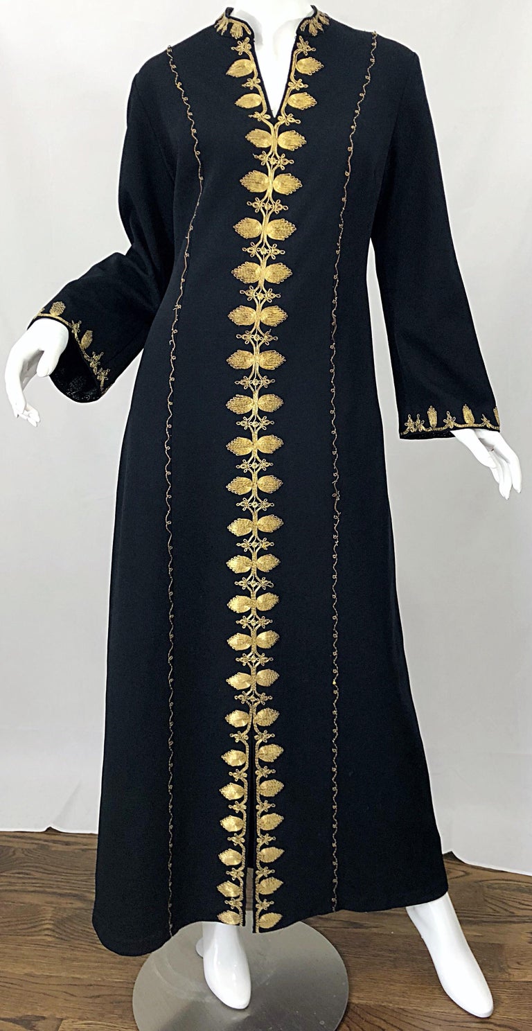 1970s Moroccan Black + Gold Metal Embroidered Vintage 70s Caftan Maxi Dress