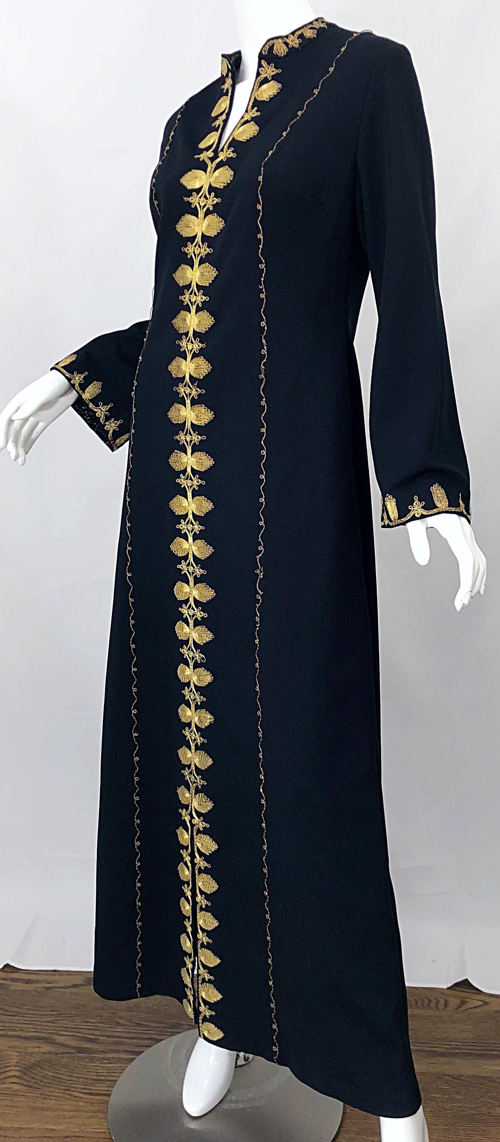 1970s Moroccan Black + Gold Metal Embroidered Vintage 70s Caftan Maxi Dress For Sale 7