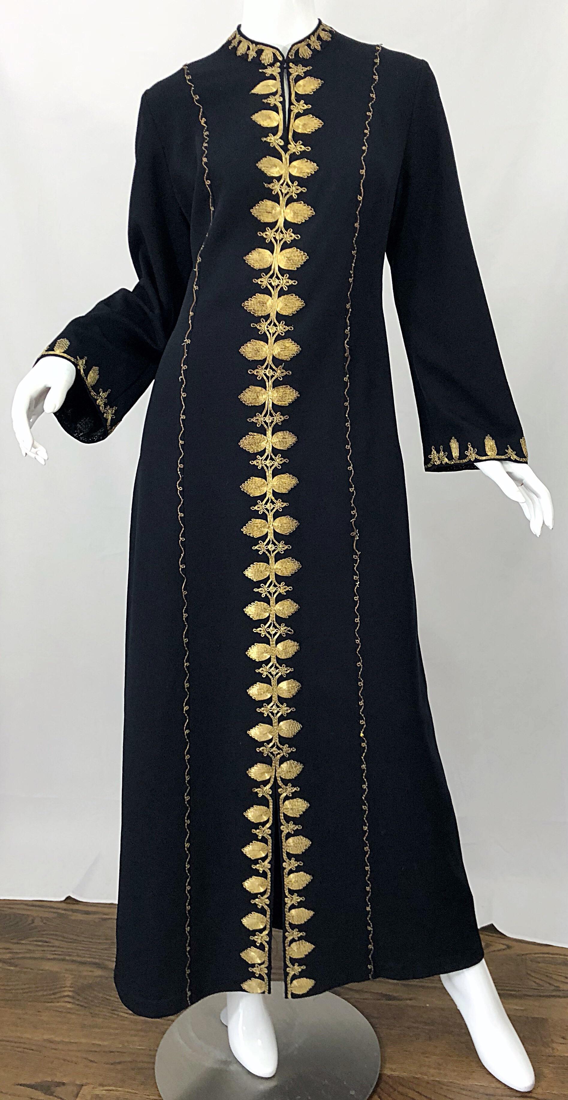 1970s Moroccan Black + Gold Metal Embroidered Vintage 70s Caftan Maxi Dress For Sale 8