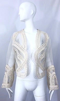 Seltene Matsuda 1990s Elfenbein schiere aus weiß bestickt Vintage 90s Jacke Bolero
