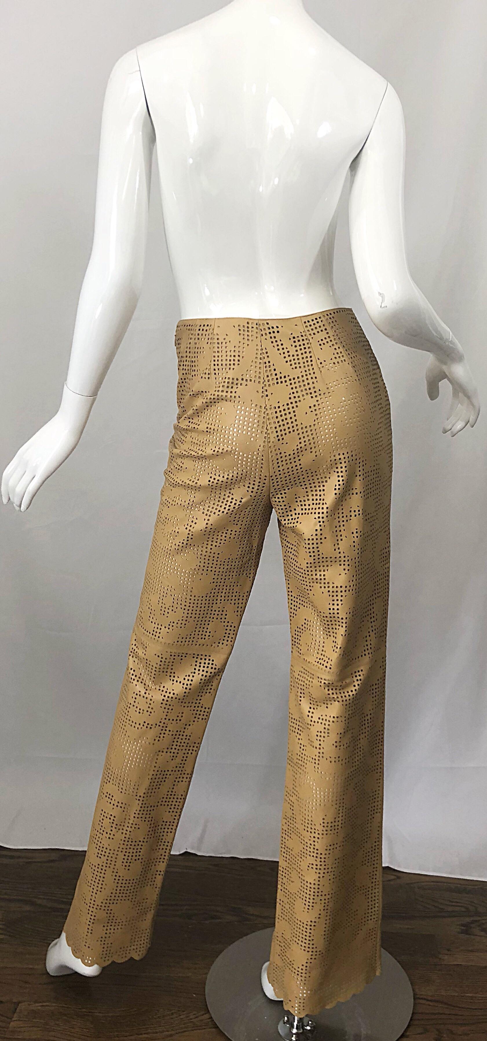 Oscar de la Renta Vintage Leather Size 8 / 10 Tan Cut Out High Rise 90s Pants In Excellent Condition In San Diego, CA
