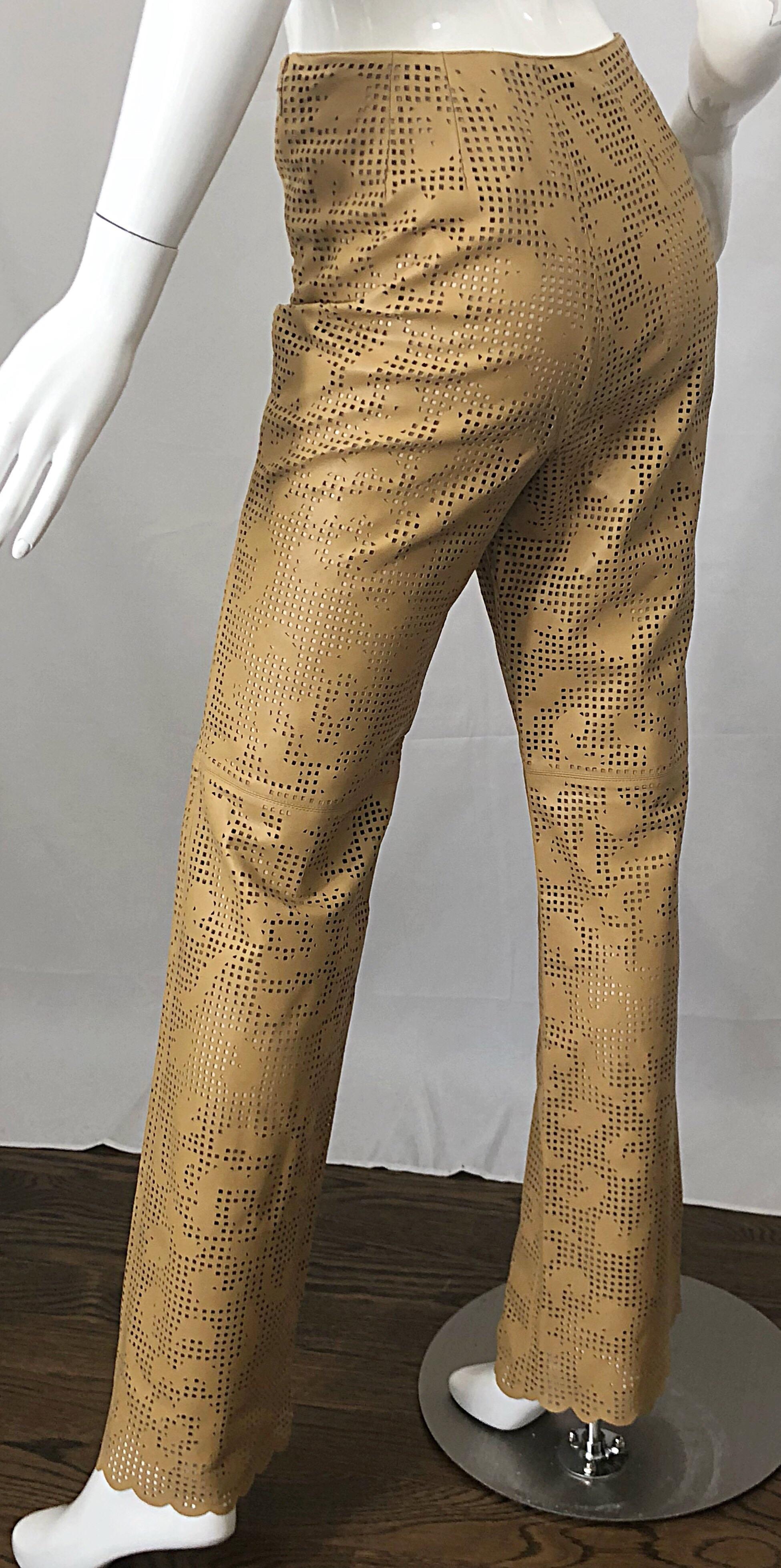 Oscar de la Renta Vintage Leather Size 8 / 10 Tan Cut Out High Rise 90s Pants 1