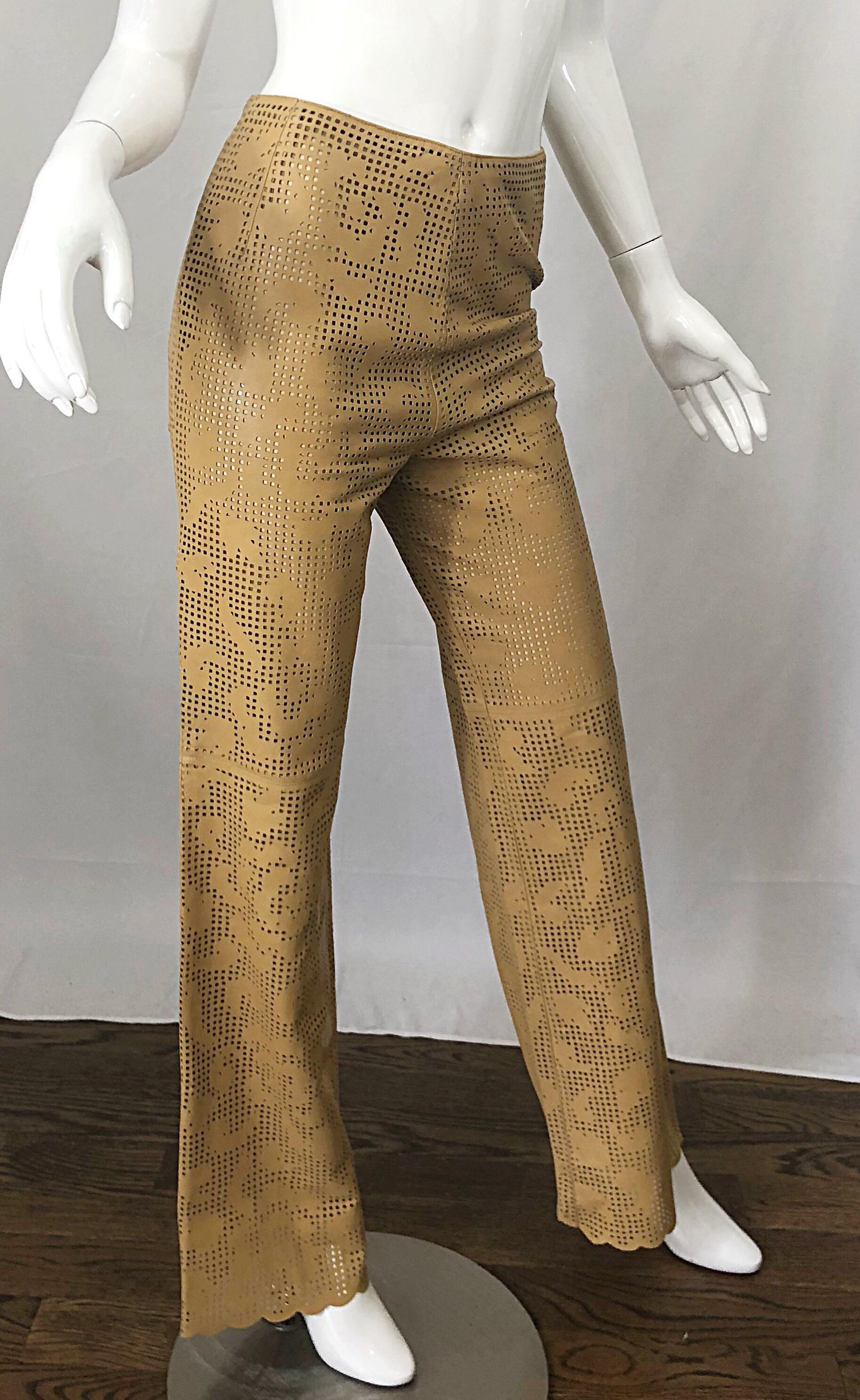 Oscar de la Renta Vintage Leather Size 8 / 10 Tan Cut Out High Rise 90s Pants 2