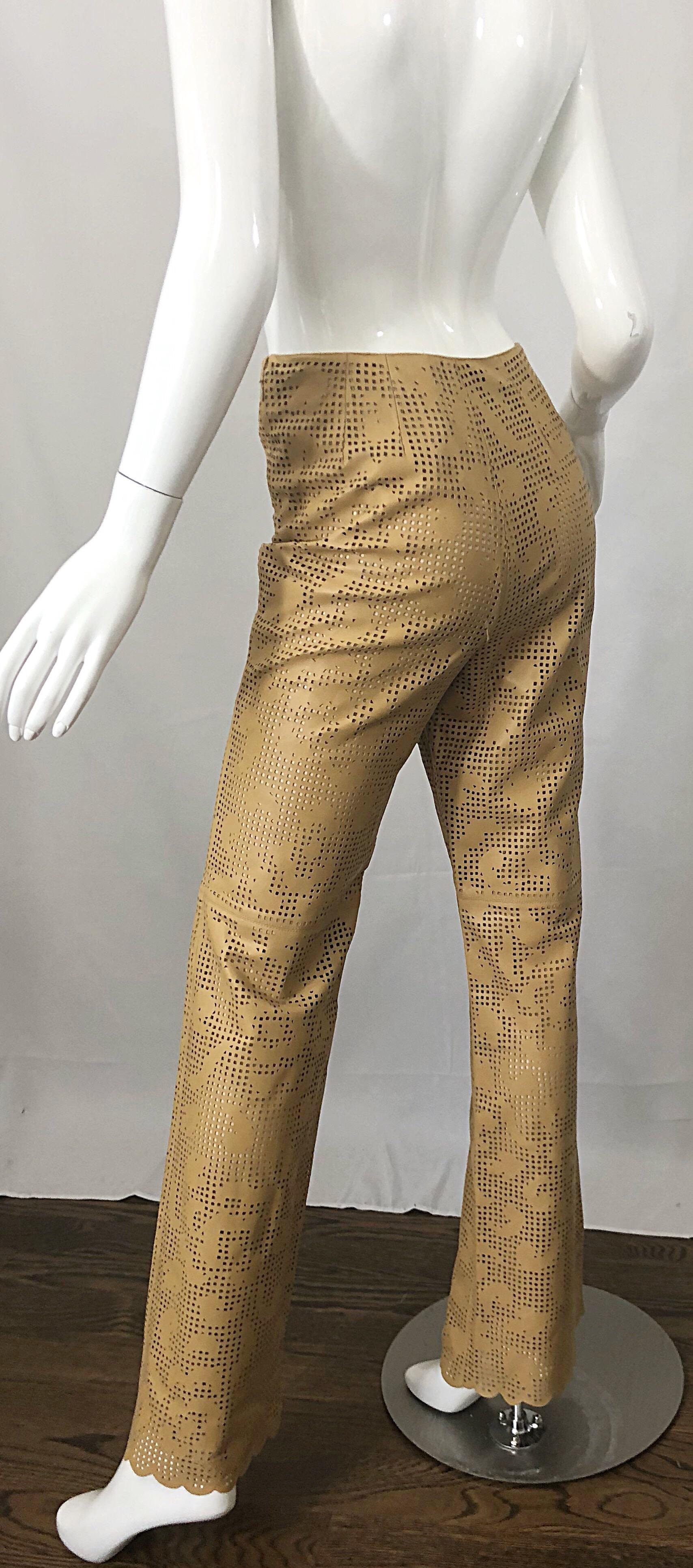 Oscar de la Renta Vintage Leather Size 8 / 10 Tan Cut Out High Rise 90s Pants 3